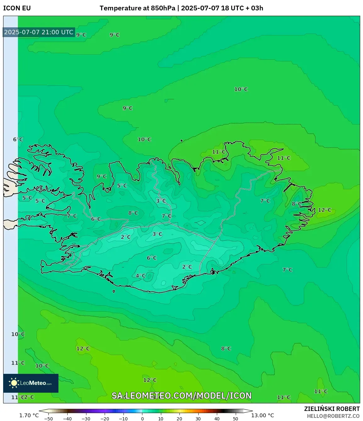 ICON model - Iceland, Temperature at 850hPa ICON model - Iceland, Temperature at 850hPa
