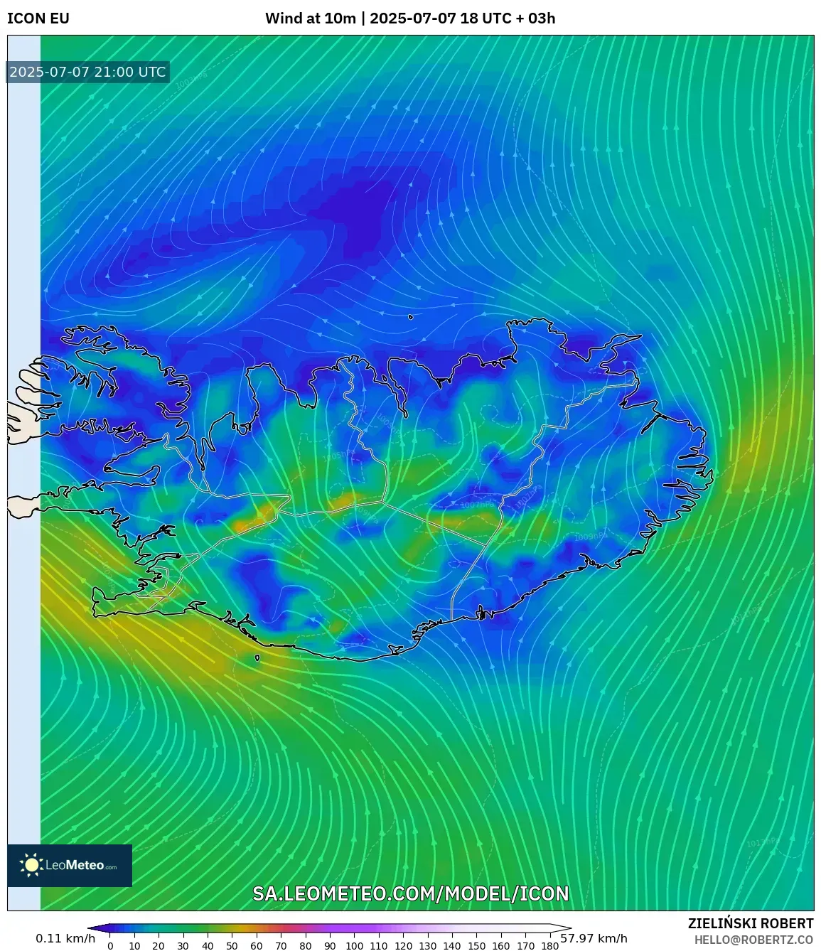 ICON model - Iceland, Wind at 10m