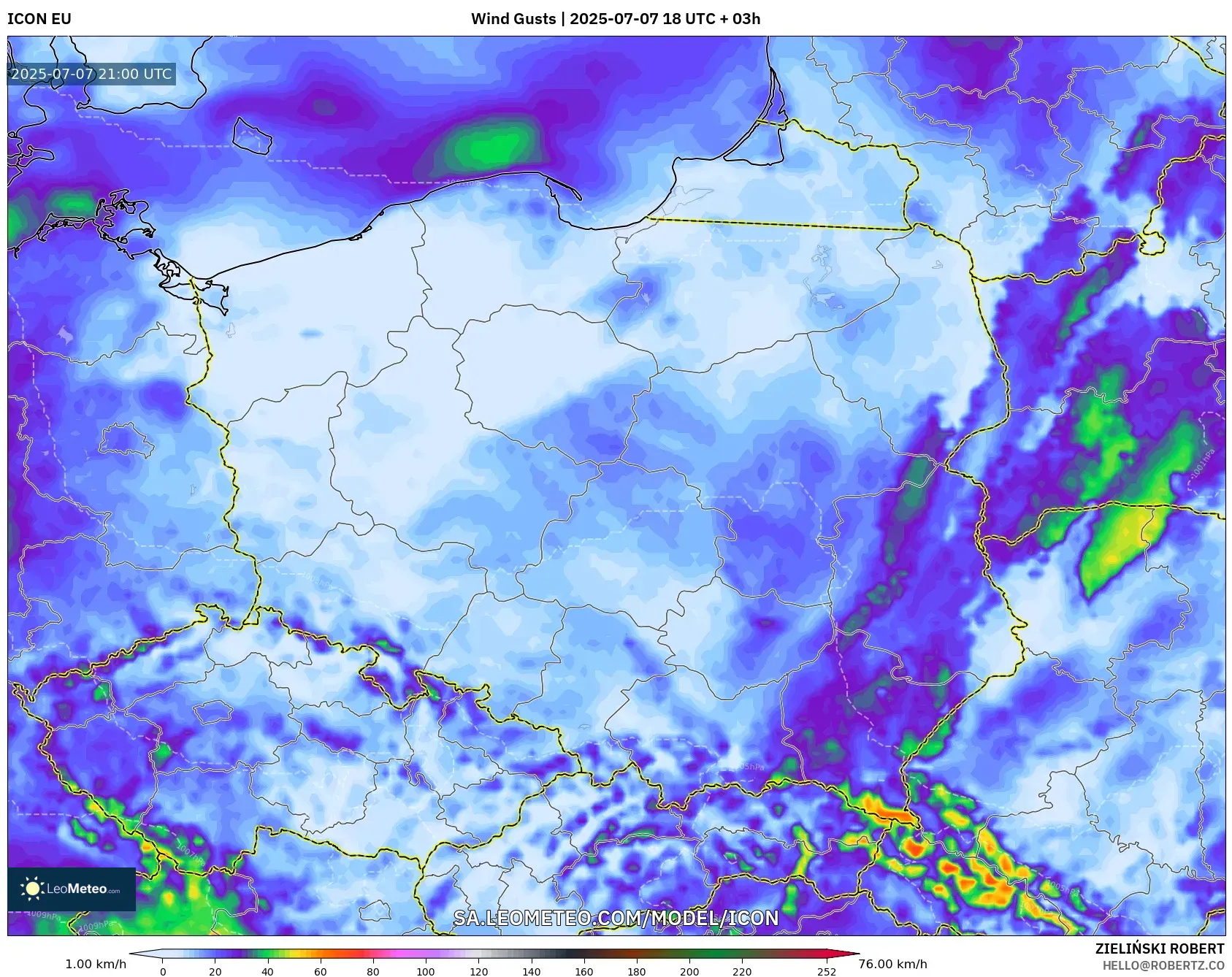 ICON model - Poland, Wind Gusts