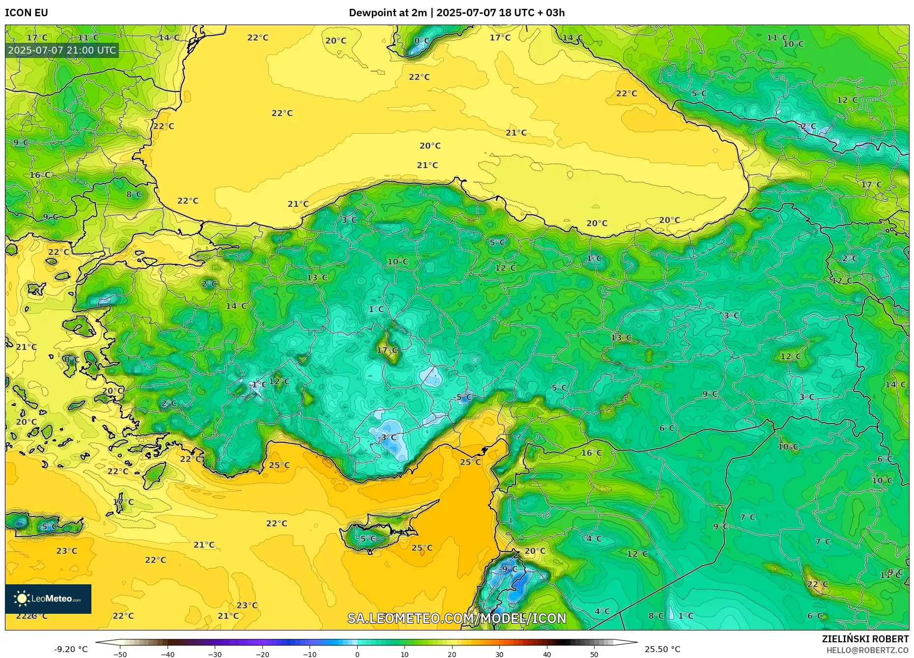 ICON model - Turkey, Dewpoint at 2m ICON model - Turkey, Dewpoint at 2m