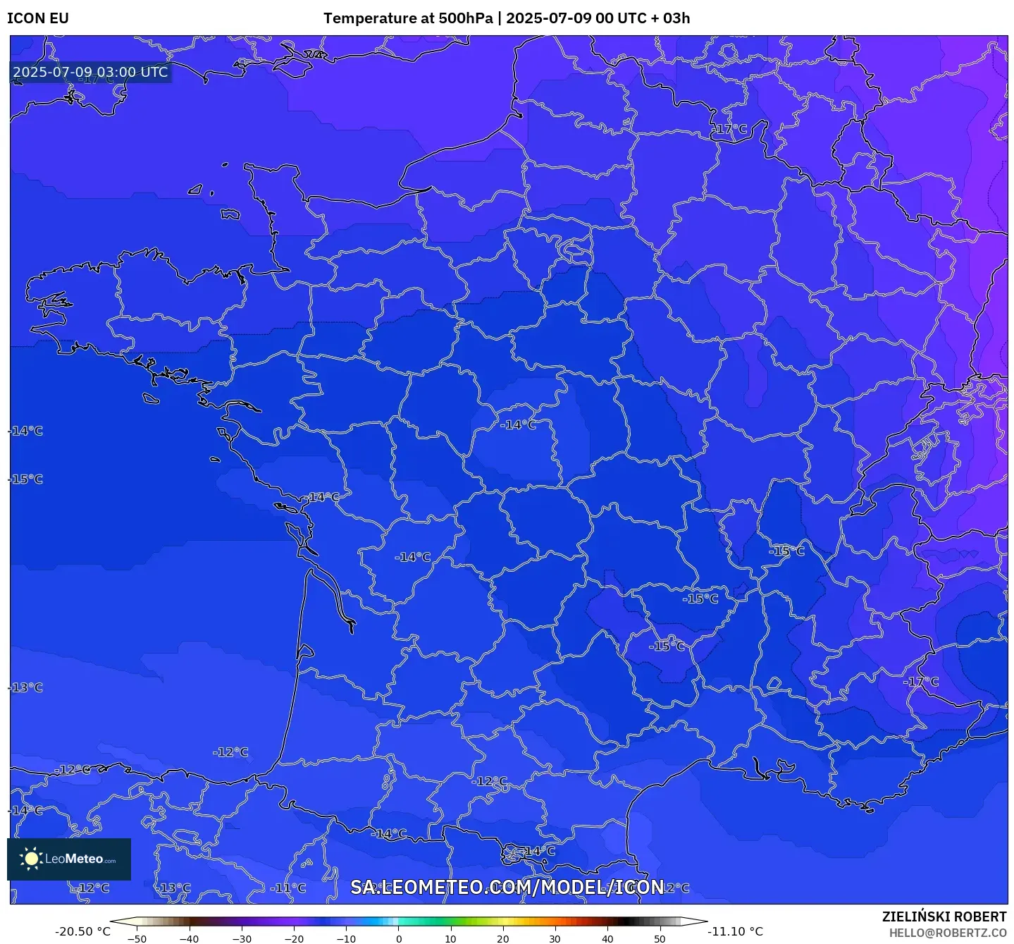 ICON model - France, Temperature at 500hPa ICON model - France, Temperature at 500hPa