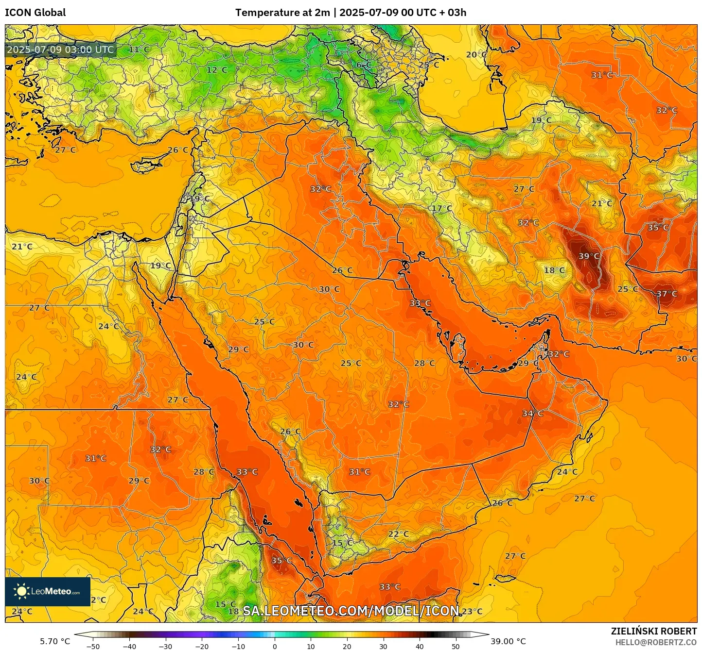 ICON model - Middle East, Temperature at 2m ICON model - Middle East, Temperature at 2m