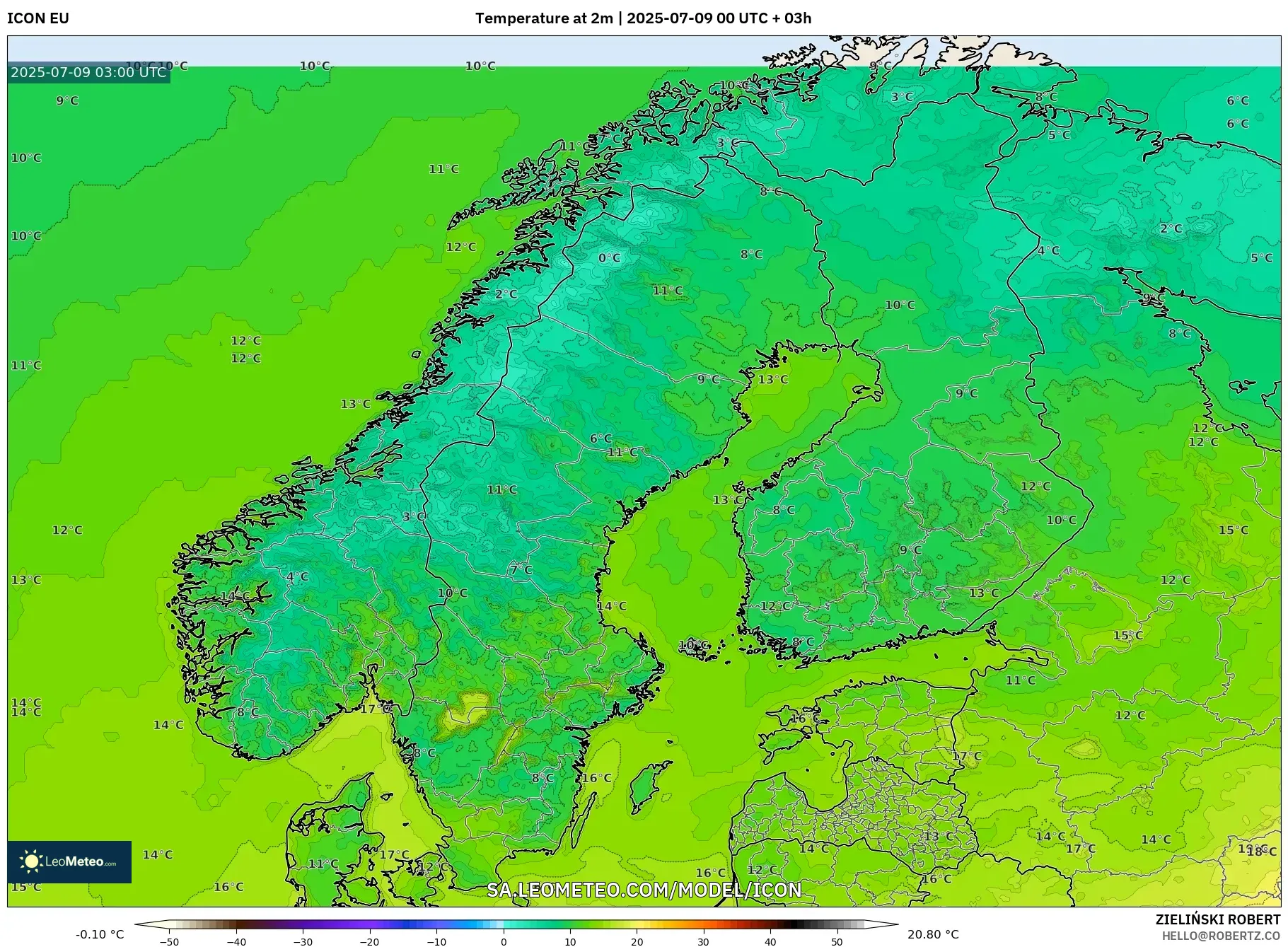 ICON model - Scandinavia, Temperature at 2m ICON model - Scandinavia, Temperature at 2m