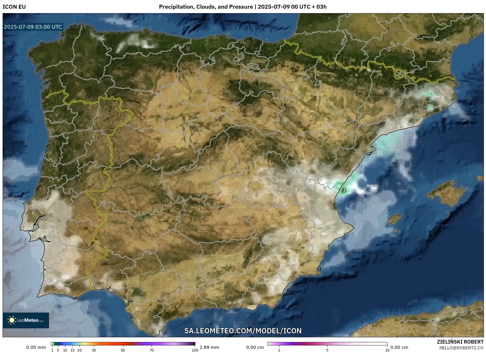 ICON model - Spain, Precipitation, Clouds, and Pressure ICON model - Spain, Precipitation, Clouds, and Pressure