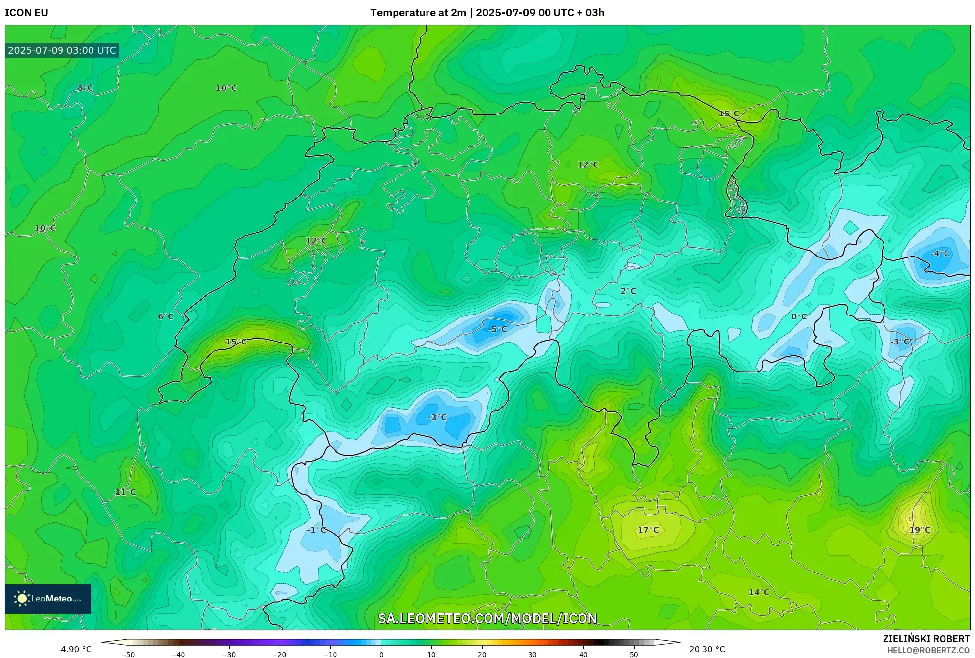 ICON model - Switzerland, Temperature at 2m ICON model - Switzerland, Temperature at 2m