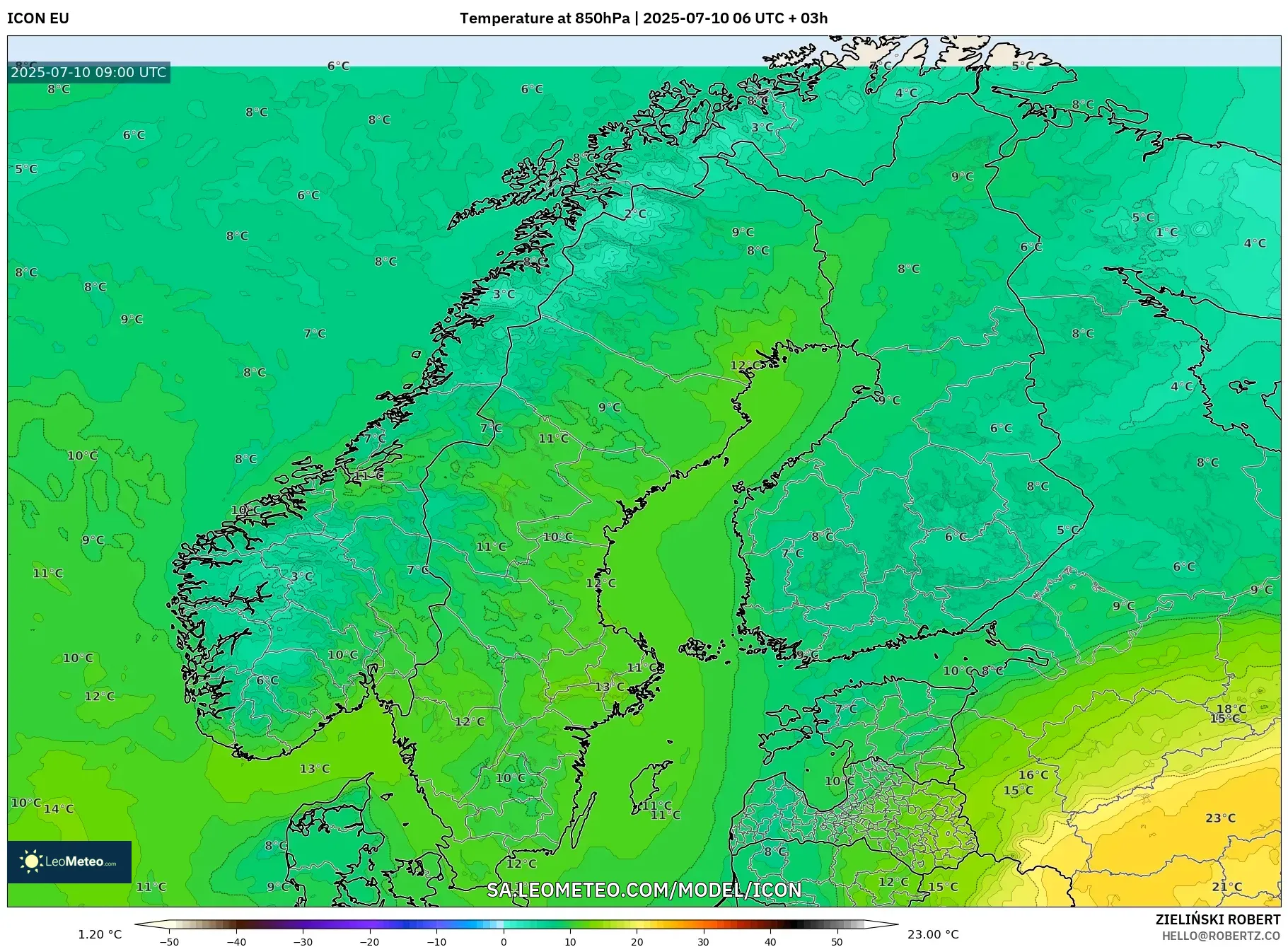 ICON model - Scandinavia, Temperature at 850hPa ICON model - Scandinavia, Temperature at 850hPa