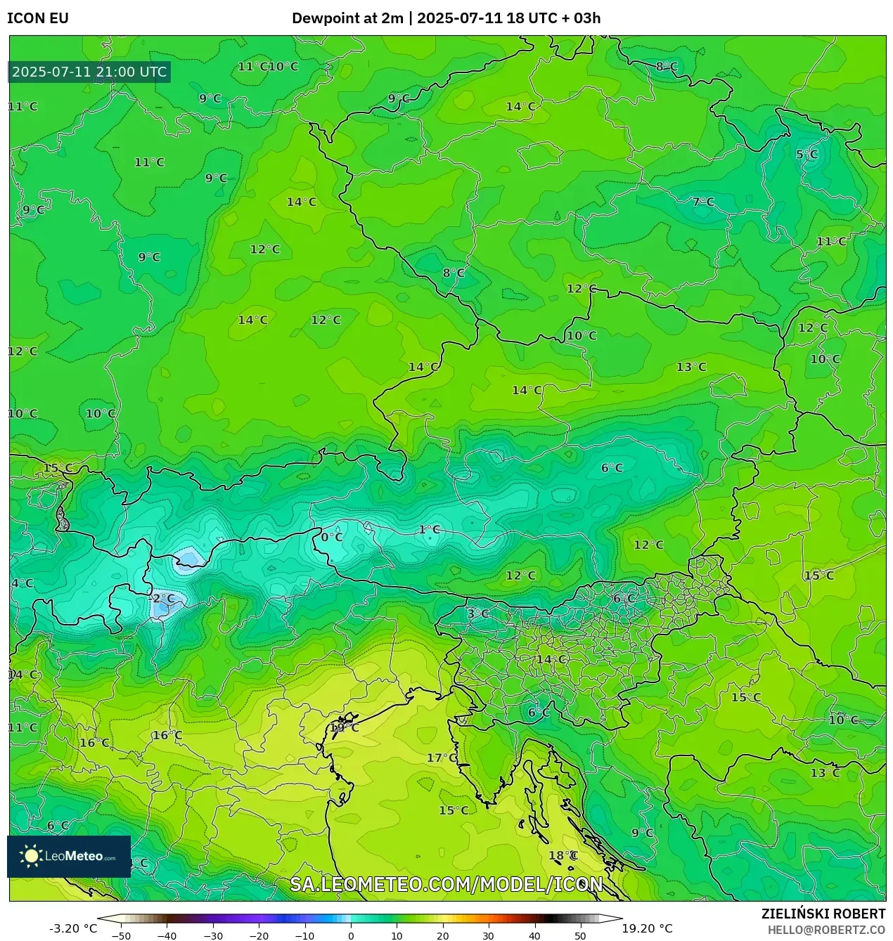 ICON model - Austria, Dewpoint at 2m ICON model - Austria, Dewpoint at 2m