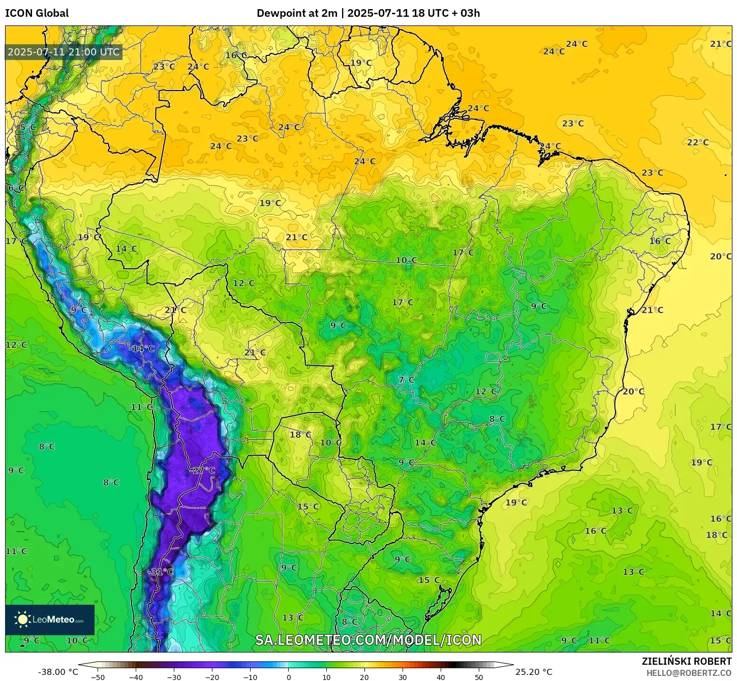 ICON model - Brazil, Dewpoint at 2m ICON model - Brazil, Dewpoint at 2m