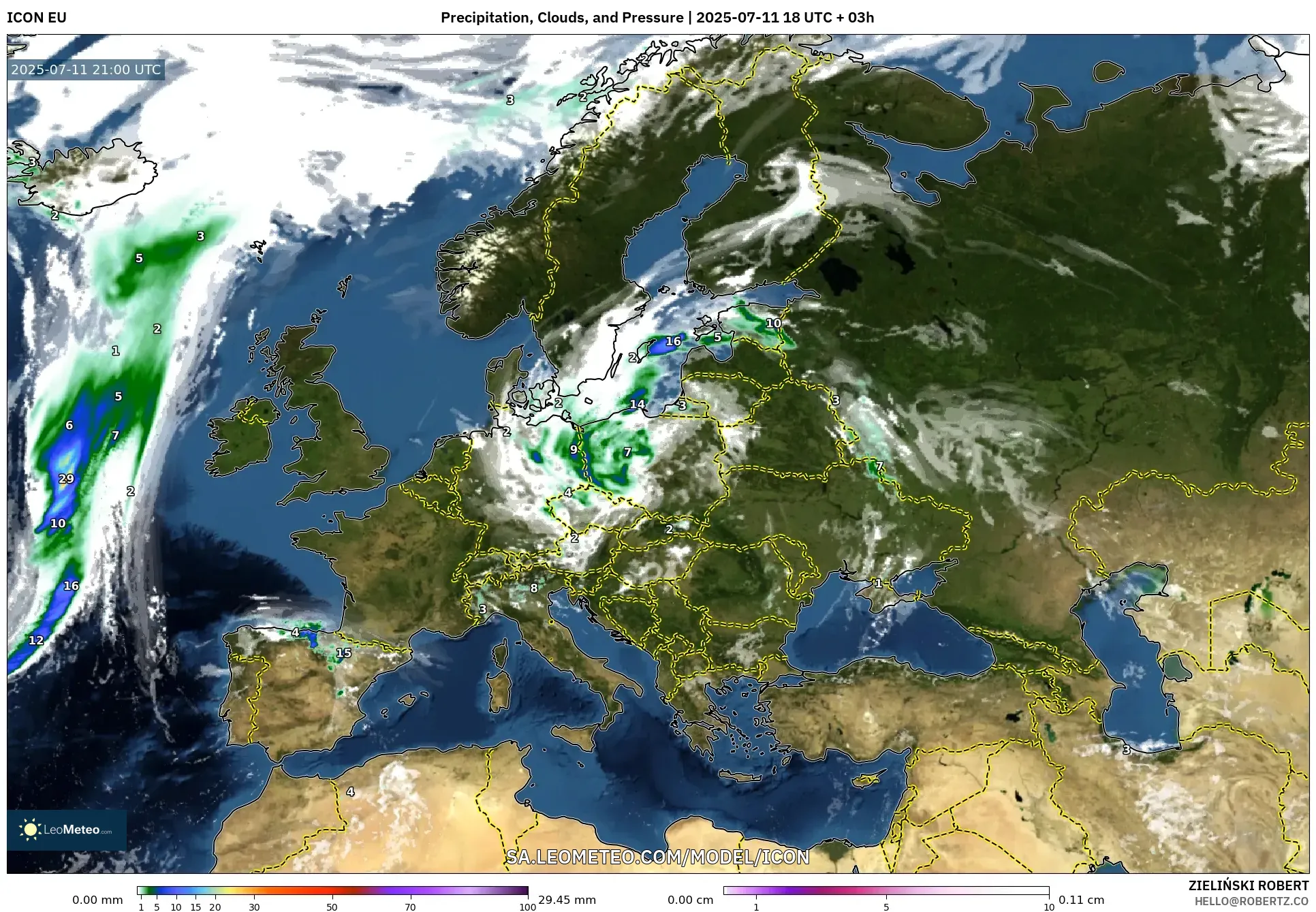 ICON model - Europe, Precipitation, Clouds, and Pressure