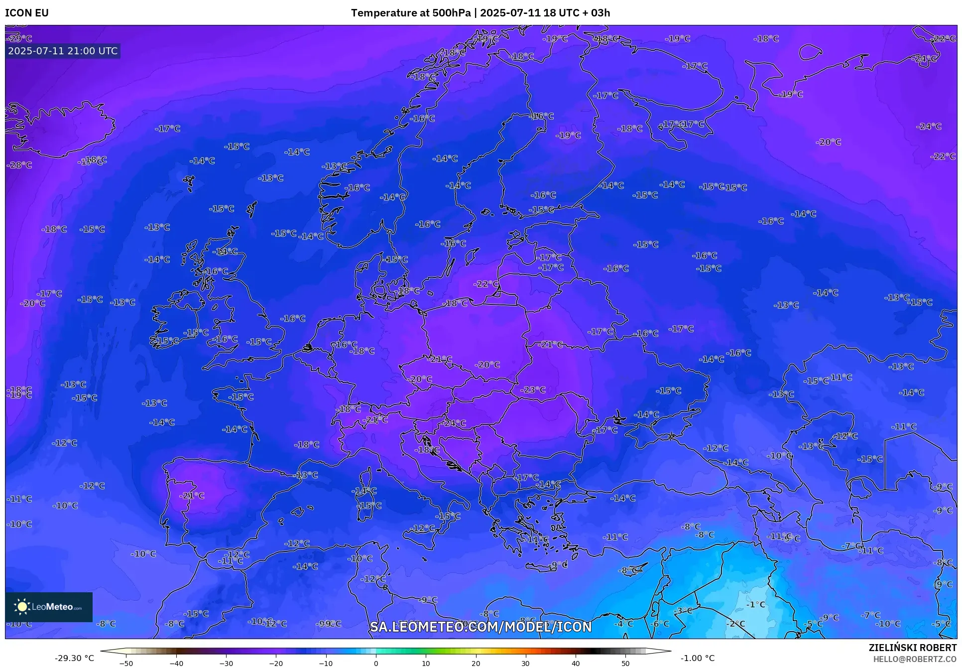 ICON model - Europe, Temperature at 500hPa