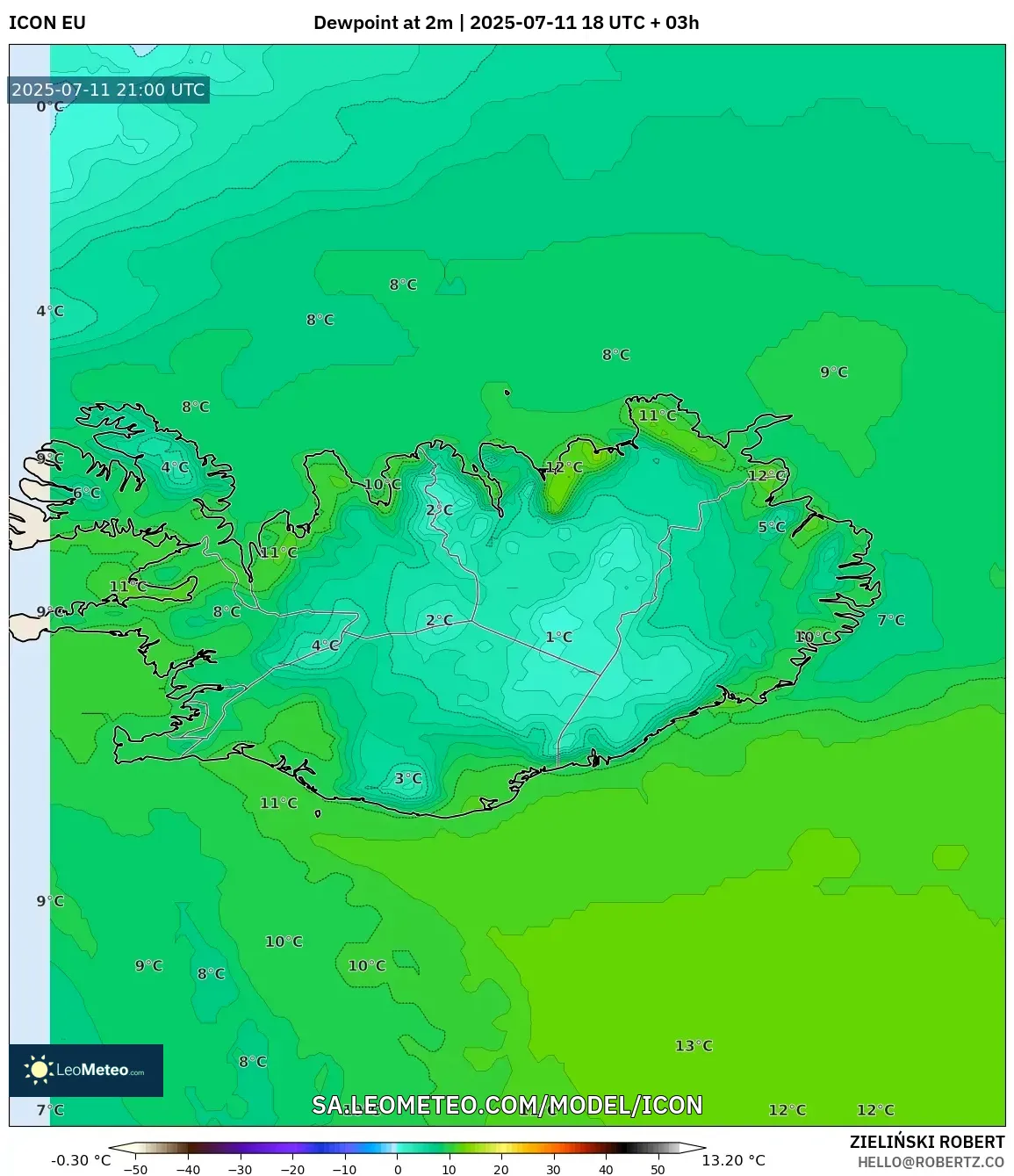 ICON model - Iceland, Dewpoint at 2m