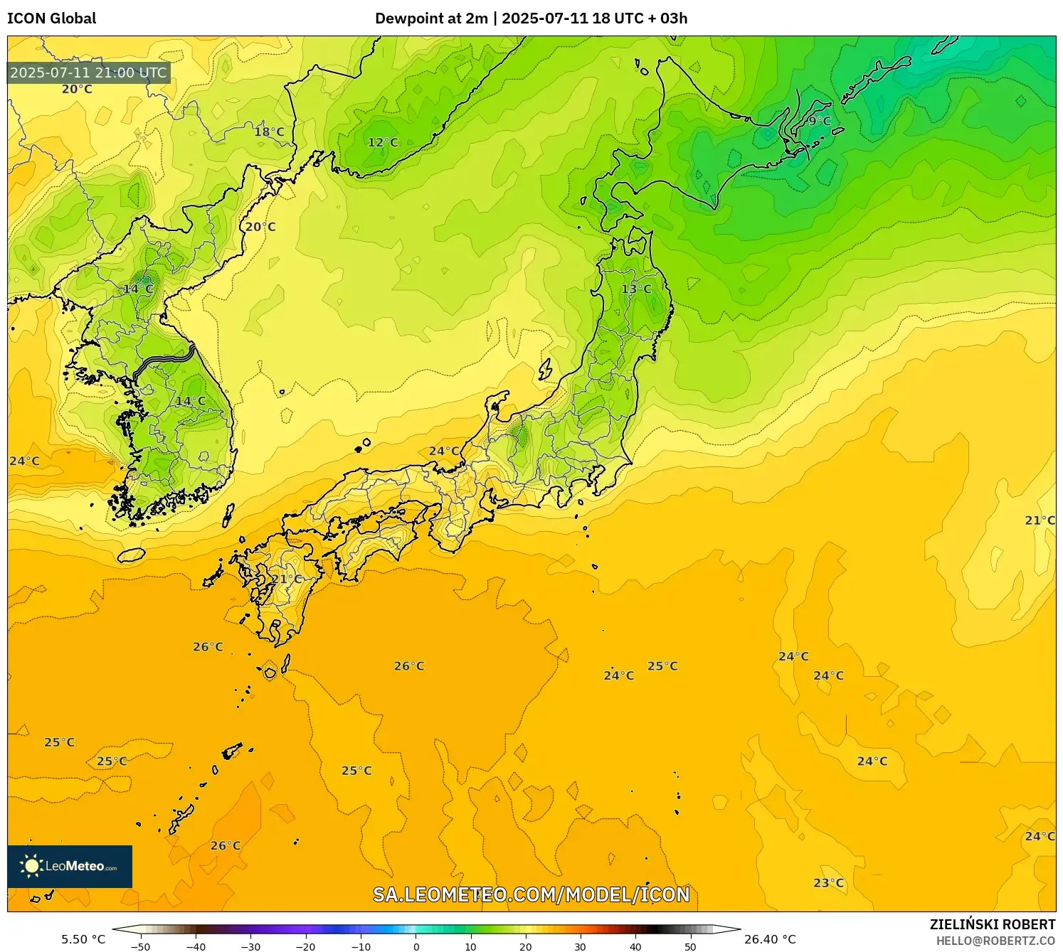 ICON model - Japan, Dewpoint at 2m
