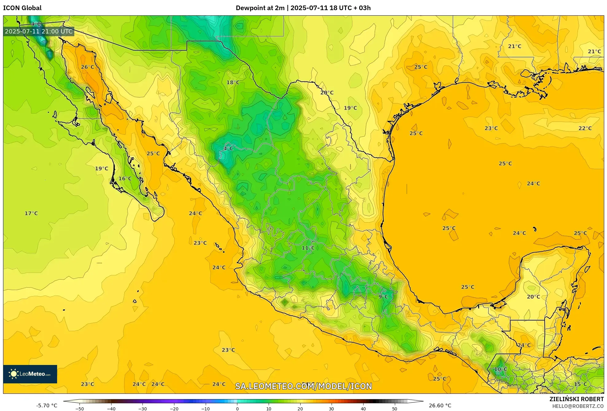 ICON model - Mexico, Dewpoint at 2m ICON model - Mexico, Dewpoint at 2m