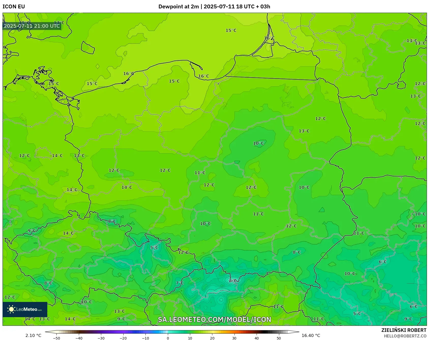 ICON model - Poland, Dewpoint at 2m ICON model - Poland, Dewpoint at 2m