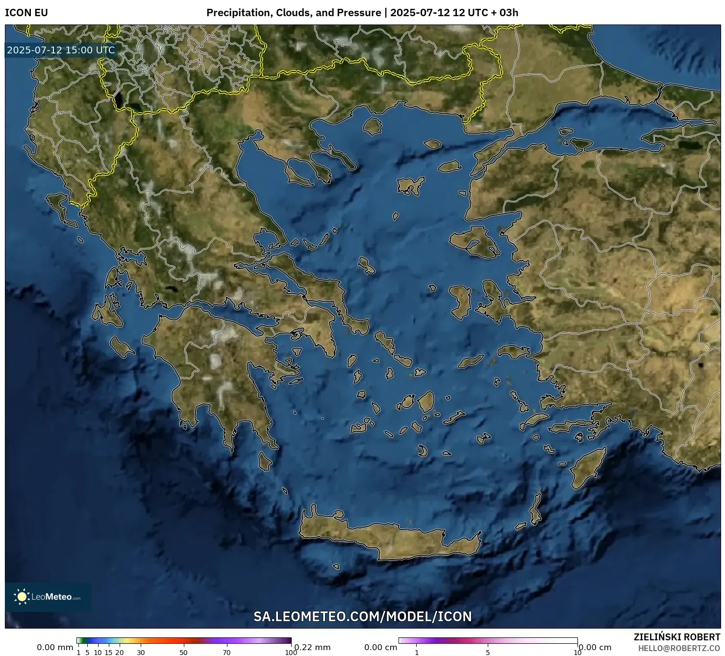 ICON model - Greece, Precipitation, Clouds, and Pressure