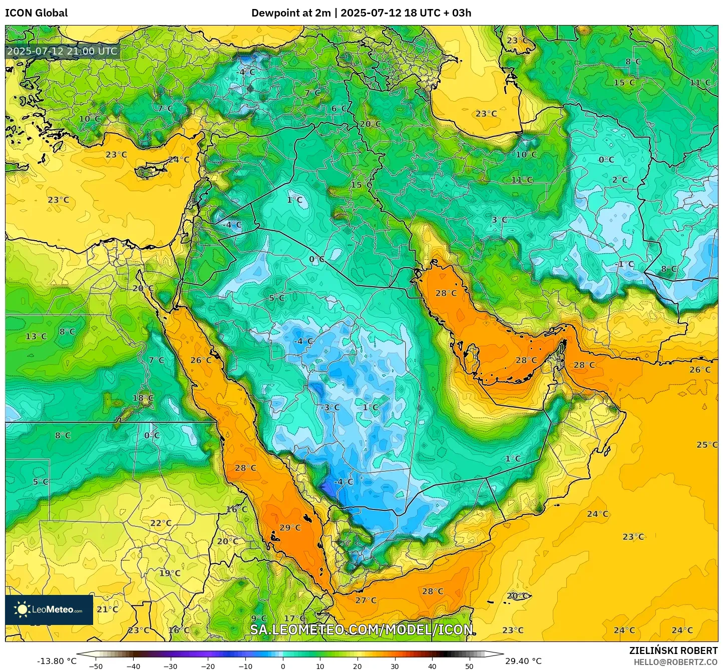 ICON model - Middle East, Dewpoint at 2m ICON model - Middle East, Dewpoint at 2m