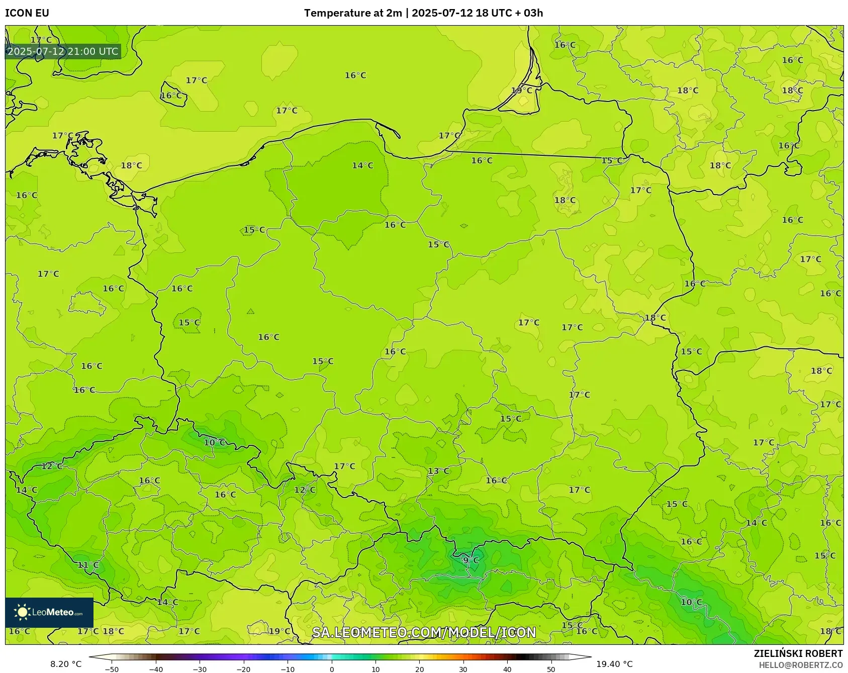 ICON model - Poland, Temperature at 2m ICON model - Poland, Temperature at 2m