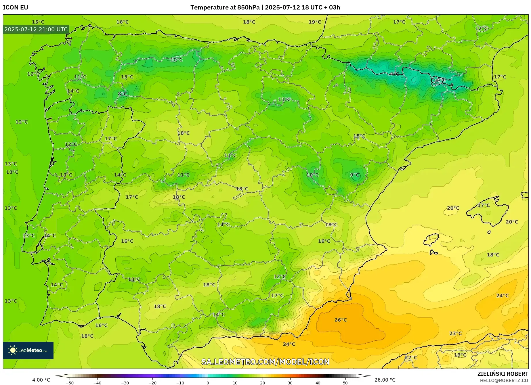 ICON model - Spain, Temperature at 850hPa ICON model - Spain, Temperature at 850hPa