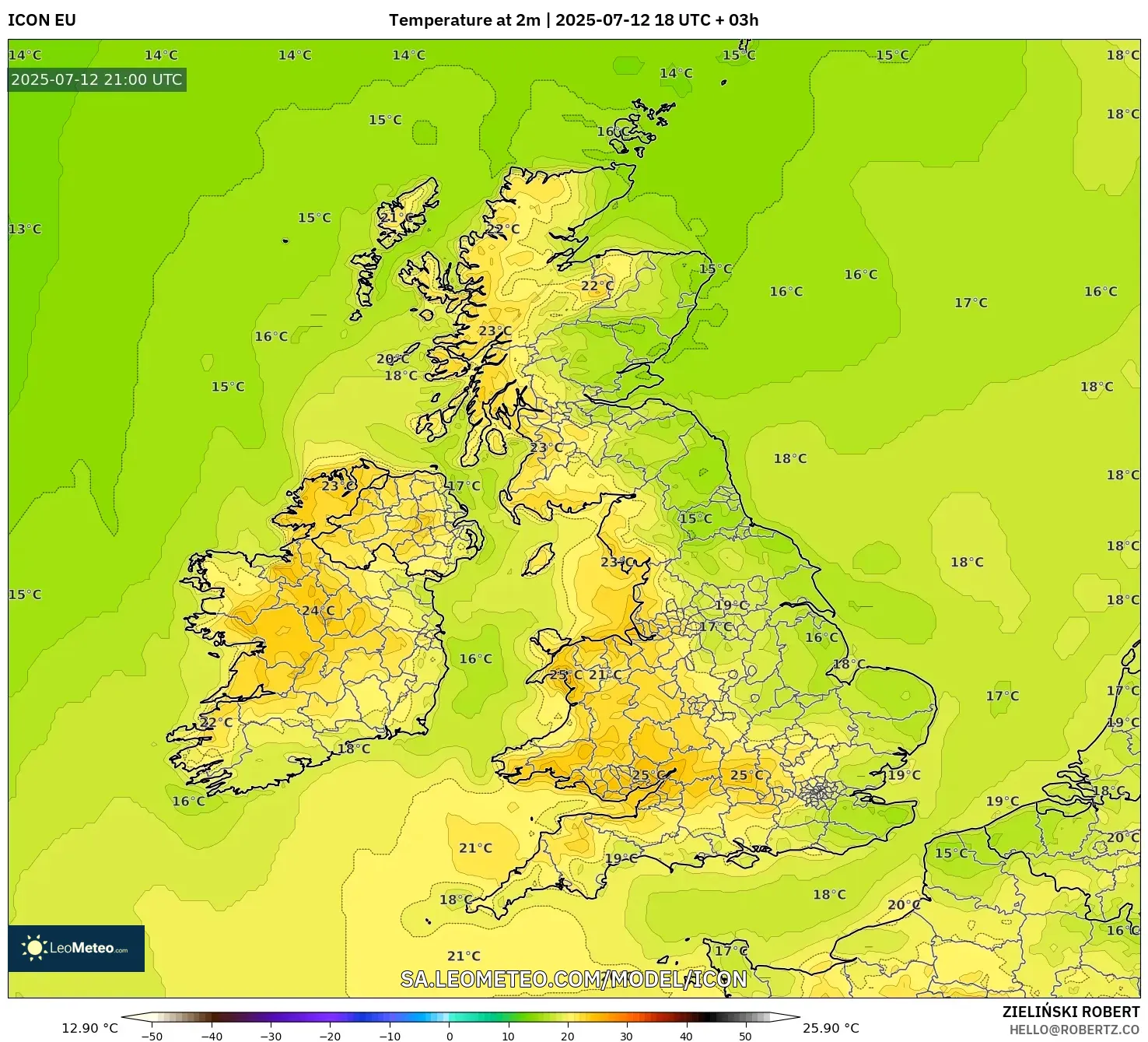 ICON model - United Kingdom, Temperature at 2m ICON model - United Kingdom, Temperature at 2m