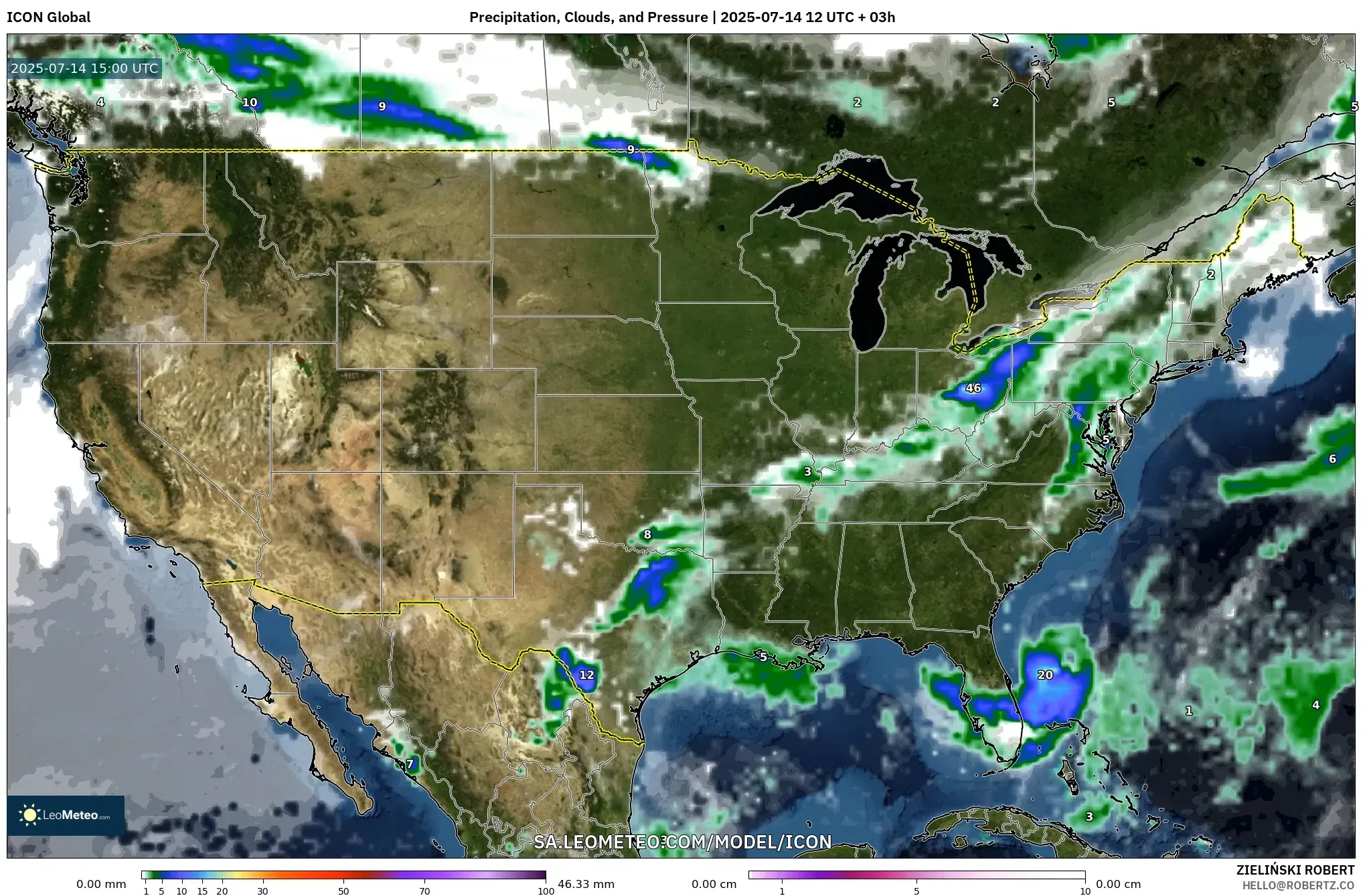 ICON model - United States, Precipitation, Clouds, and Pressure ICON model - United States, Precipitation, Clouds, and Pressure