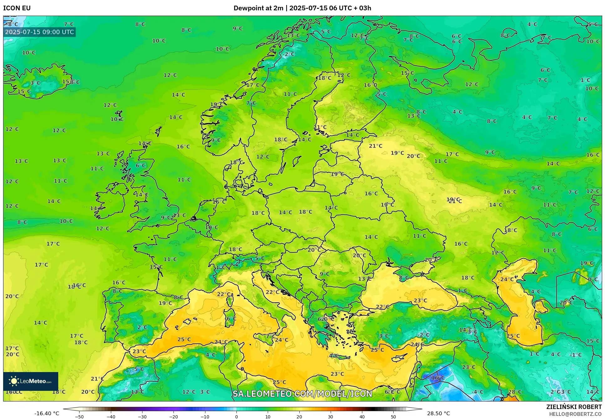 ICON model - Europe, Dewpoint at 2m ICON model - Europe, Dewpoint at 2m