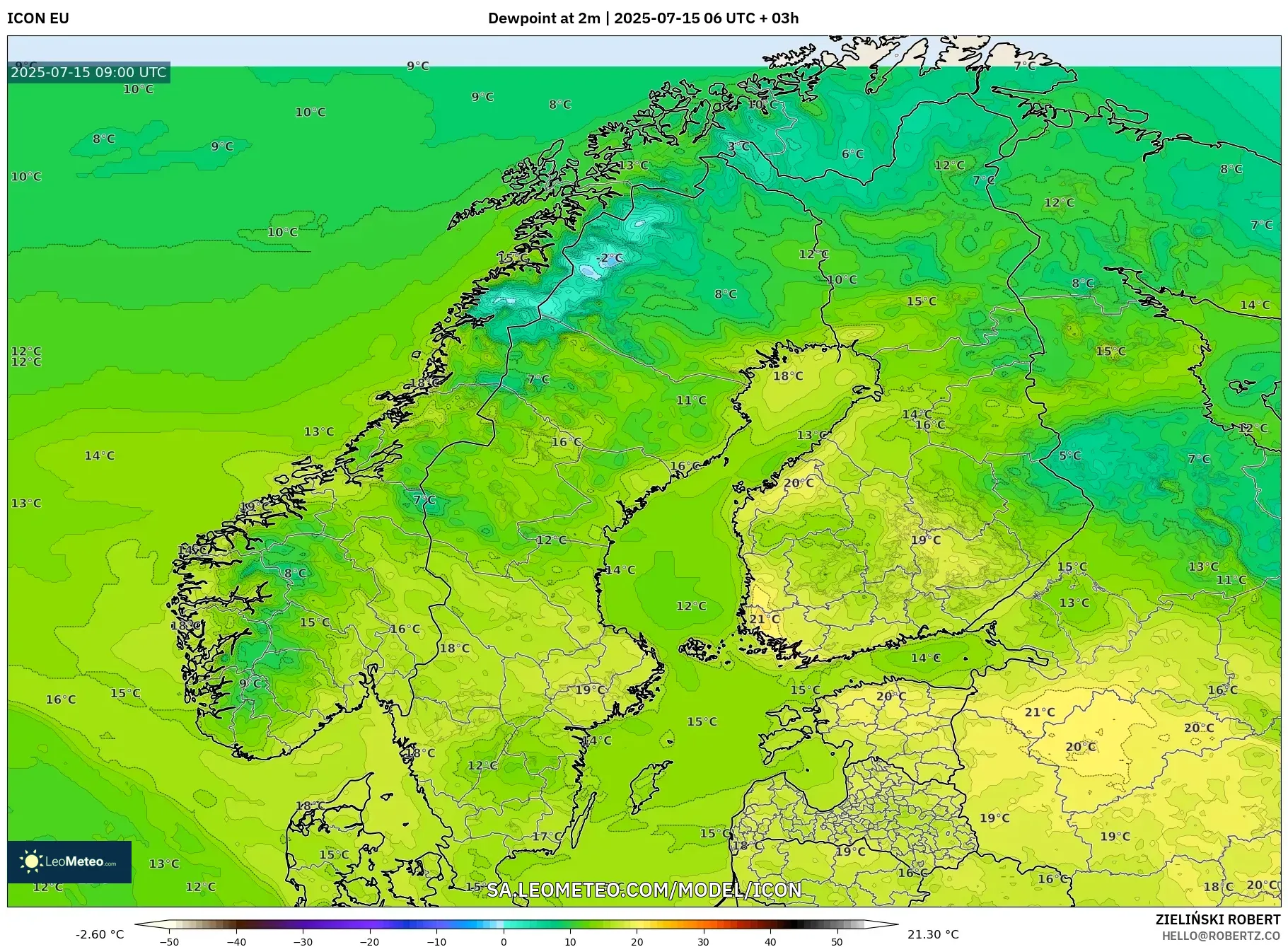 ICON model - Scandinavia, Dewpoint at 2m ICON model - Scandinavia, Dewpoint at 2m
