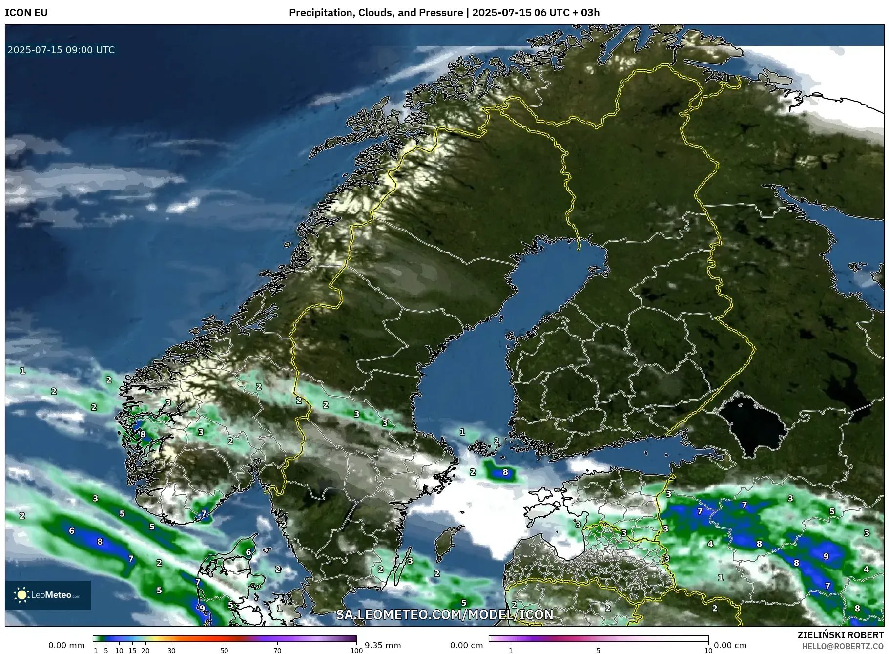 ICON model - Scandinavia, Precipitation, Clouds, and Pressure ICON model - Scandinavia, Precipitation, Clouds, and Pressure
