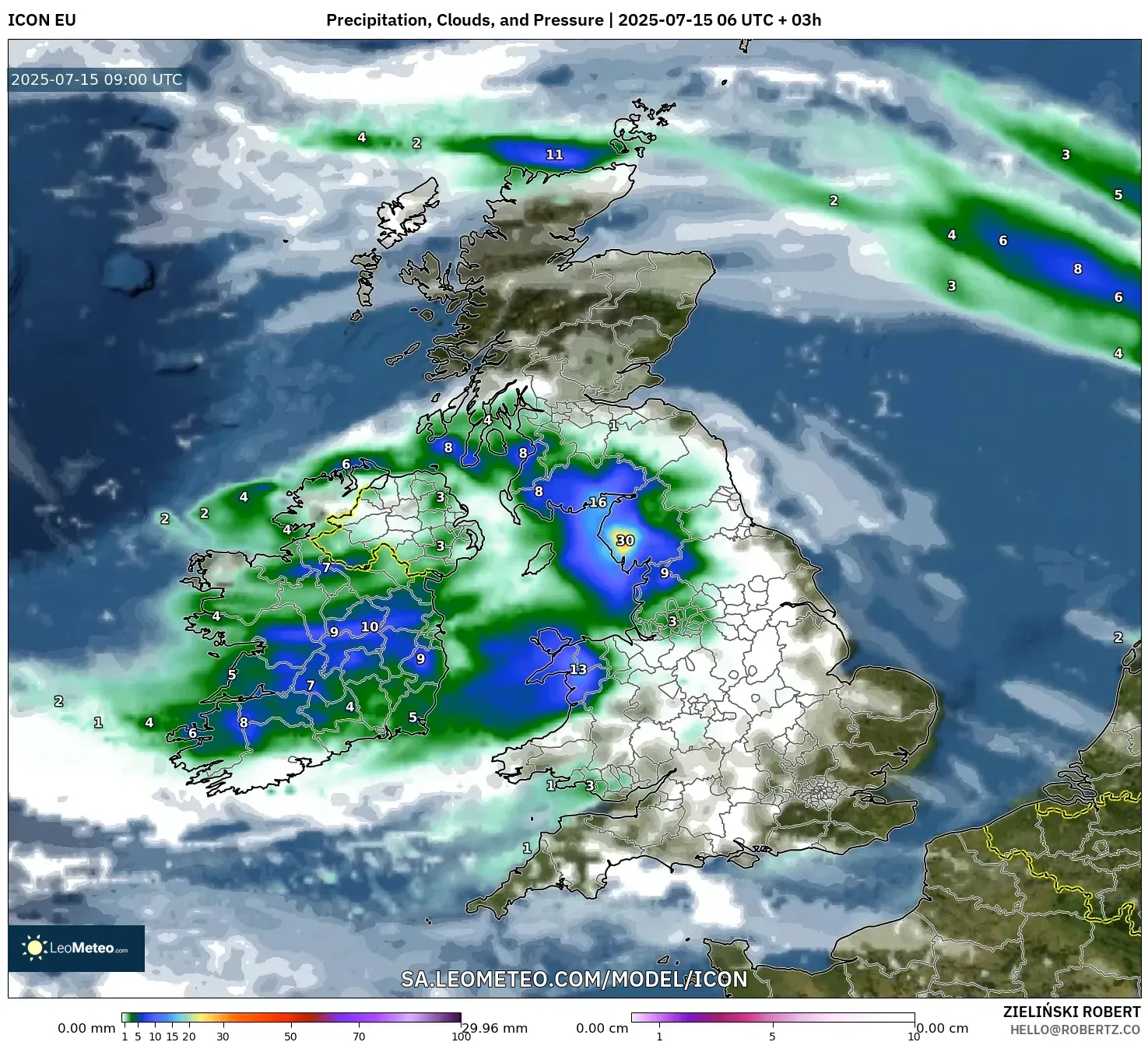 ICON model - United Kingdom, Precipitation, Clouds, and Pressure ICON model - United Kingdom, Precipitation, Clouds, and Pressure