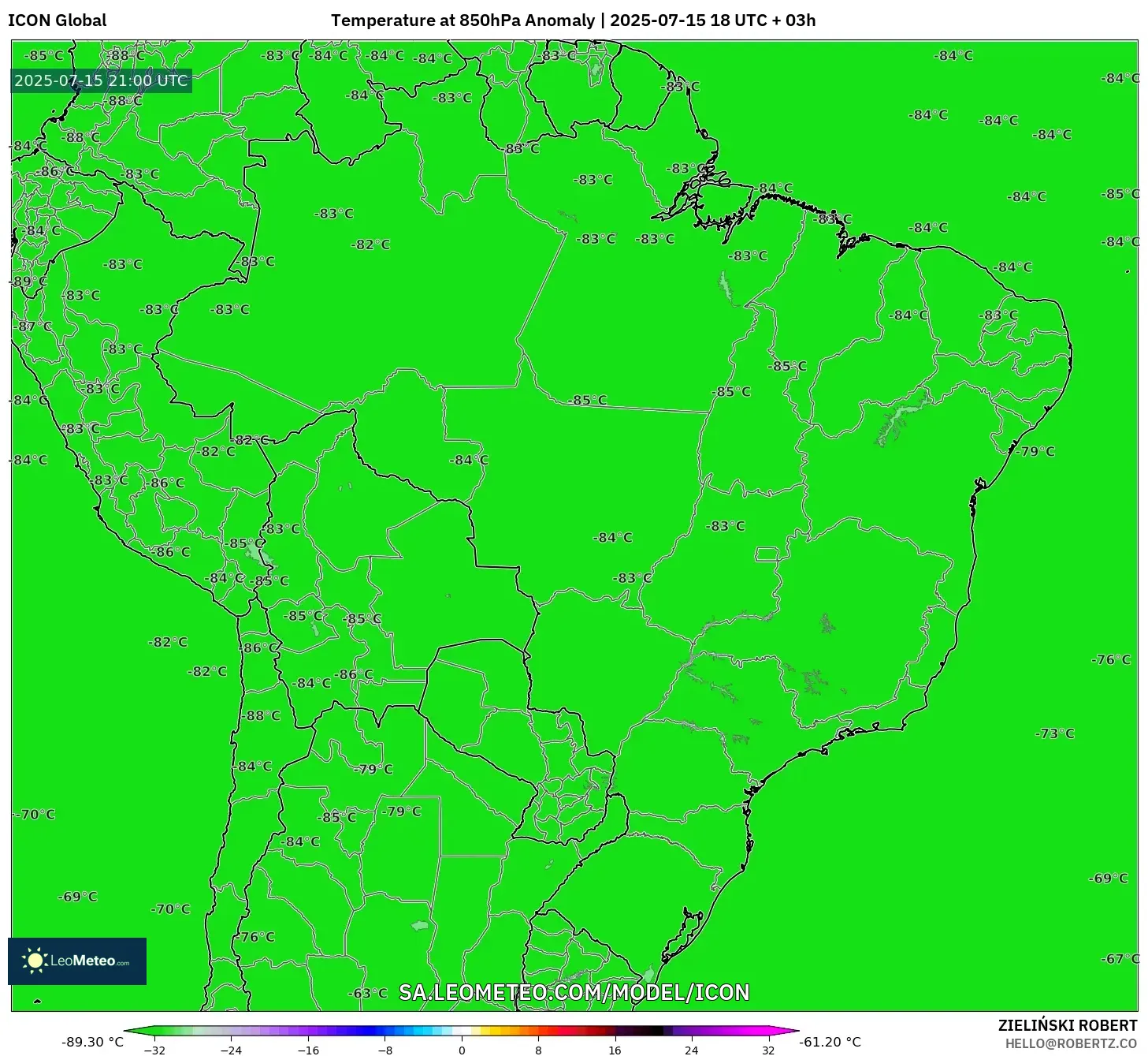 ICON model - Brazil, Temperature at 850hPa Anomaly ICON model - Brazil, Temperature at 850hPa Anomaly