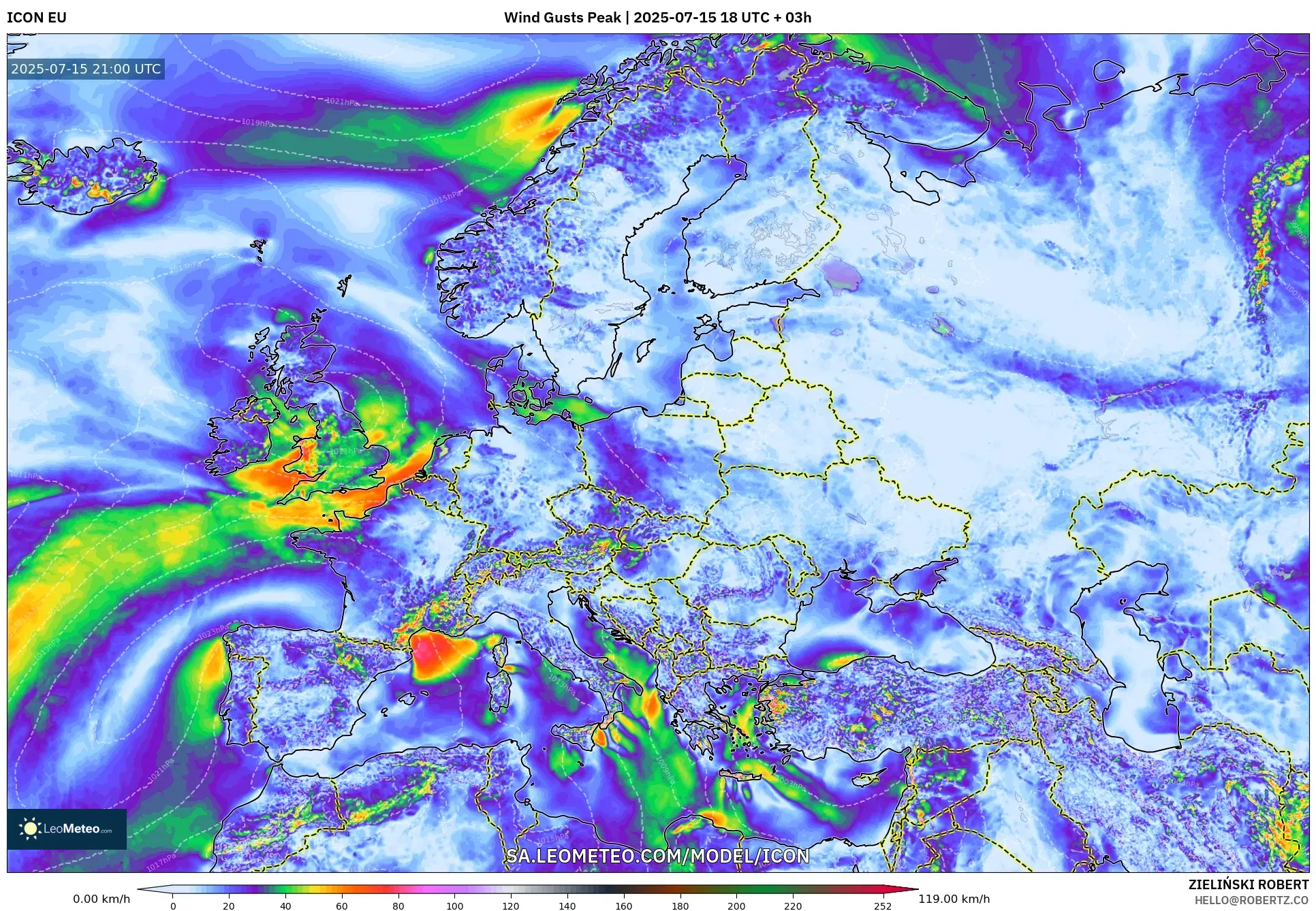 ICON model - Europe, Wind Gusts Peak ICON model - Europe, Wind Gusts Peak