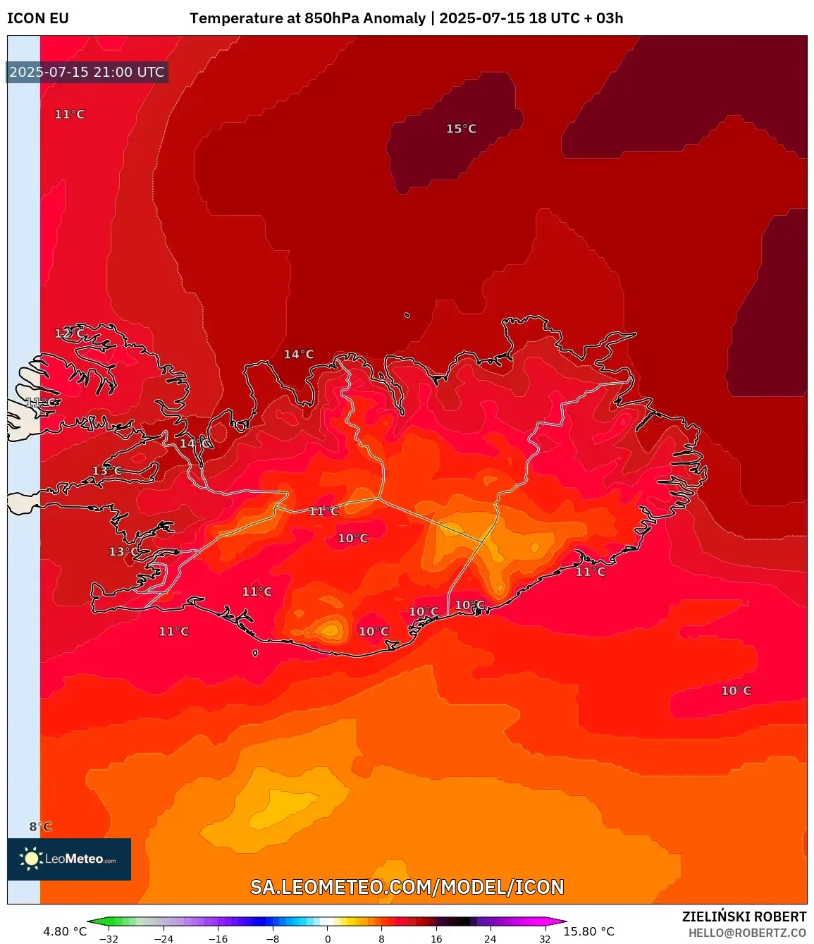 ICON model - Iceland, Temperature at 850hPa Anomaly ICON model - Iceland, Temperature at 850hPa Anomaly