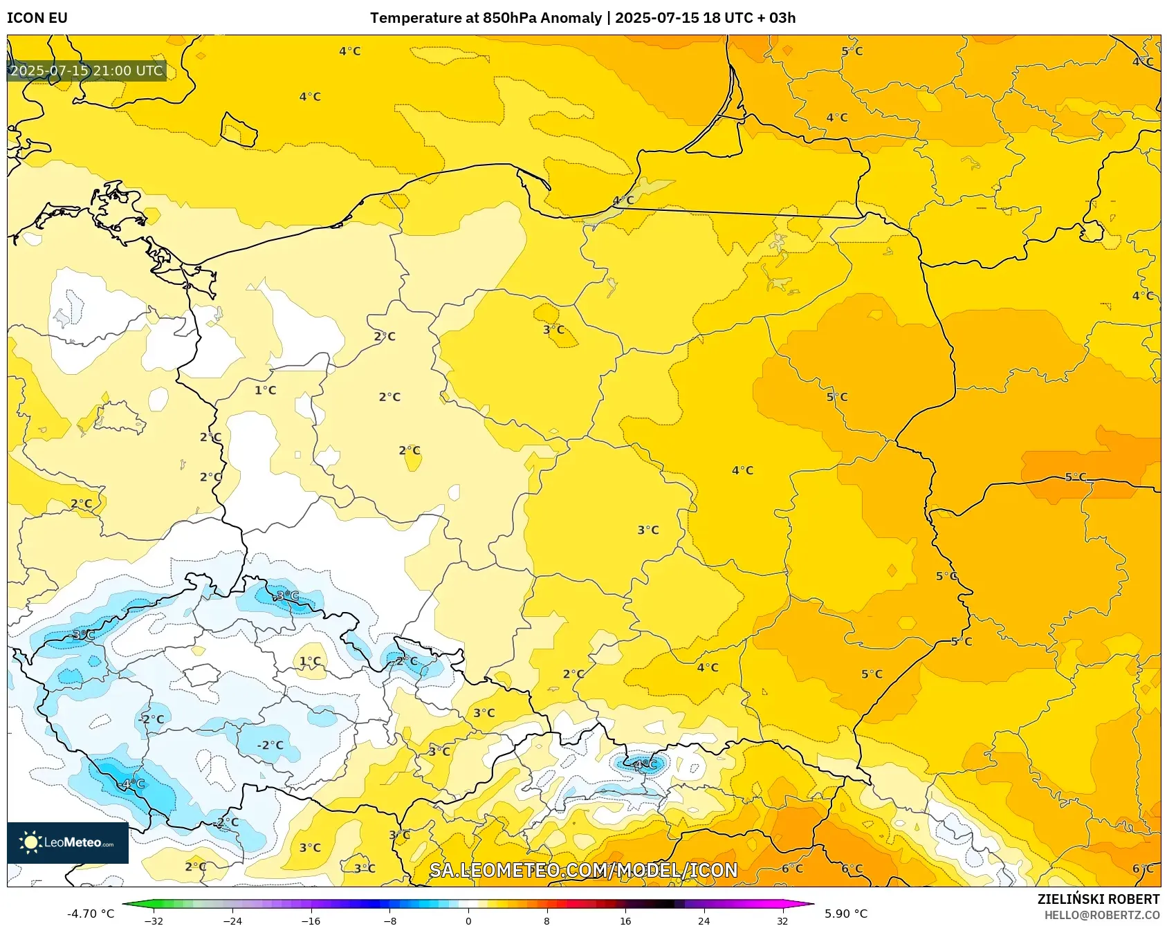 ICON model - Poland, Temperature at 850hPa Anomaly ICON model - Poland, Temperature at 850hPa Anomaly