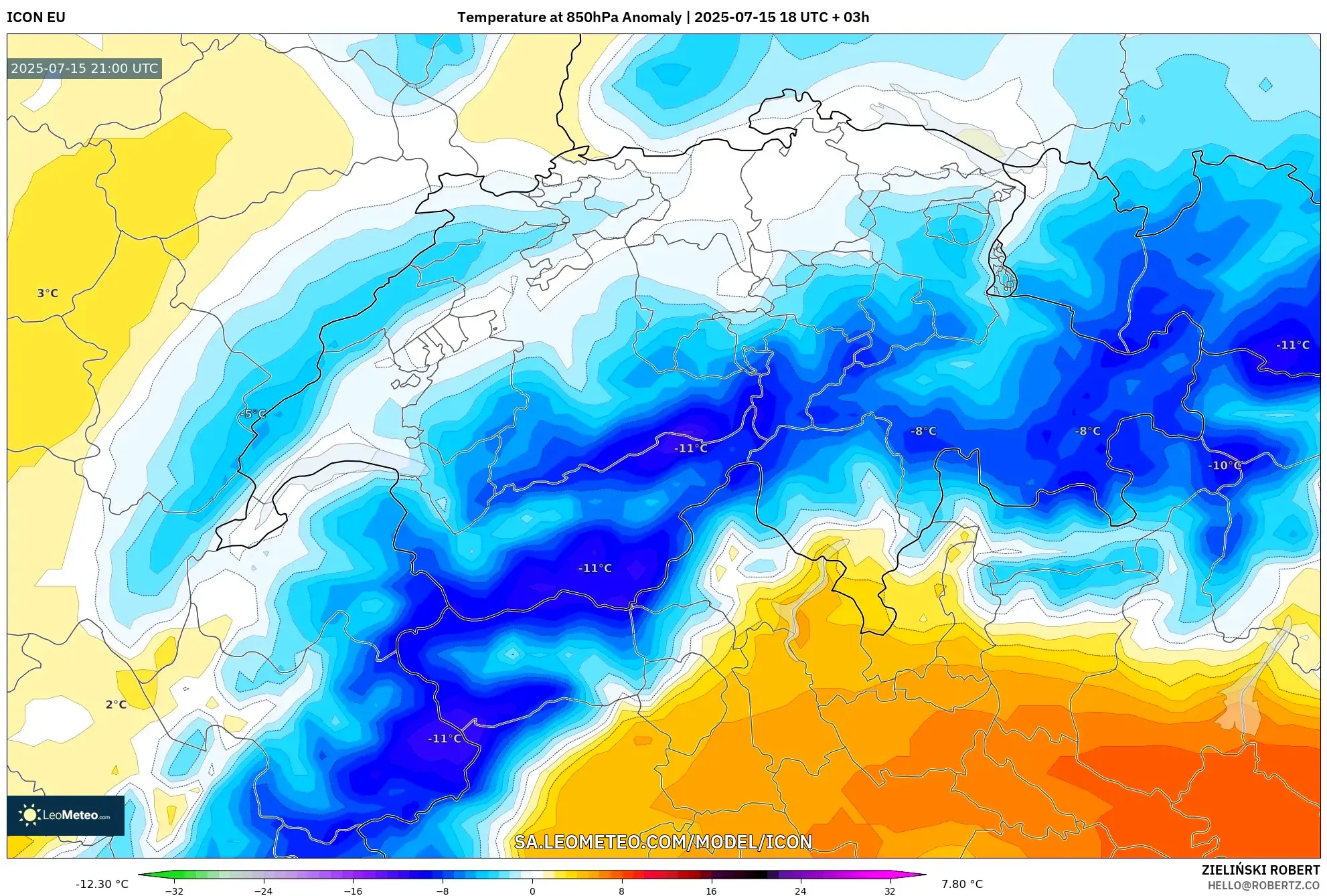 ICON model - Switzerland, Temperature at 850hPa Anomaly ICON model - Switzerland, Temperature at 850hPa Anomaly