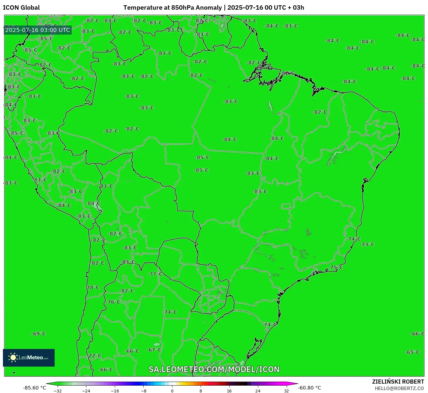 ICON model - Brazil, Temperature at 850hPa Anomaly ICON model - Brazil, Temperature at 850hPa Anomaly