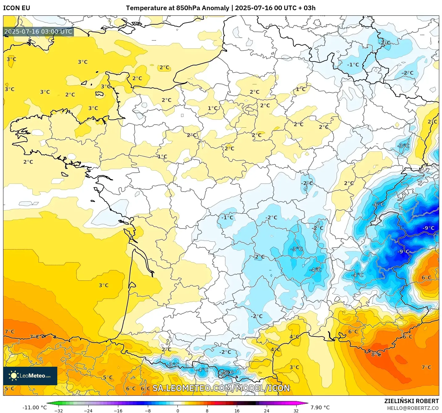 ICON model - France, Temperature at 850hPa Anomaly ICON model - France, Temperature at 850hPa Anomaly