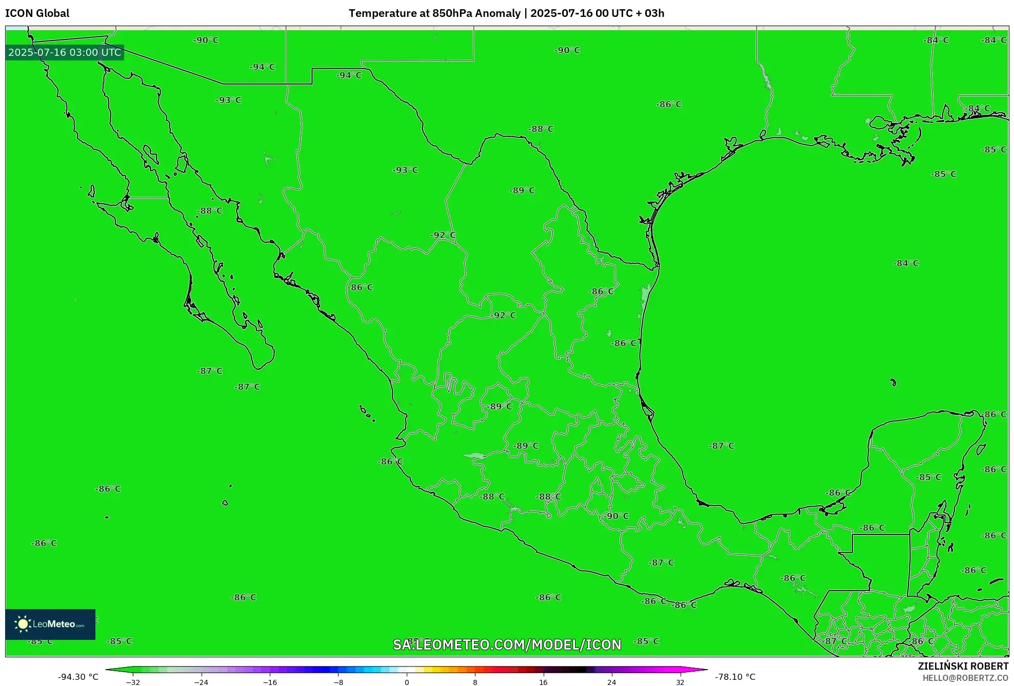 ICON model - Mexico, Temperature at 850hPa Anomaly ICON model - Mexico, Temperature at 850hPa Anomaly