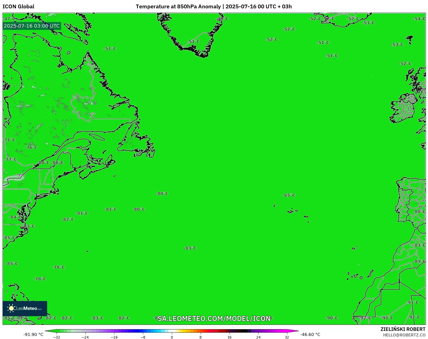 ICON model - North Atlantic, Temperature at 850hPa Anomaly ICON model - North Atlantic, Temperature at 850hPa Anomaly