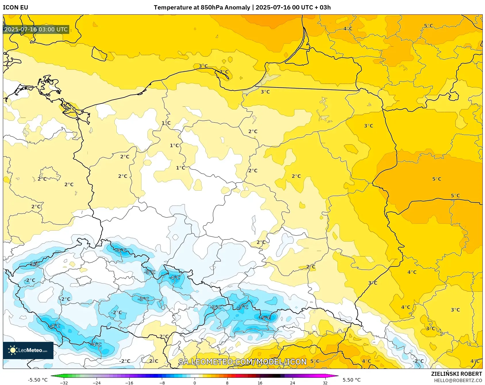 ICON model - Poland, Temperature at 850hPa Anomaly ICON model - Poland, Temperature at 850hPa Anomaly