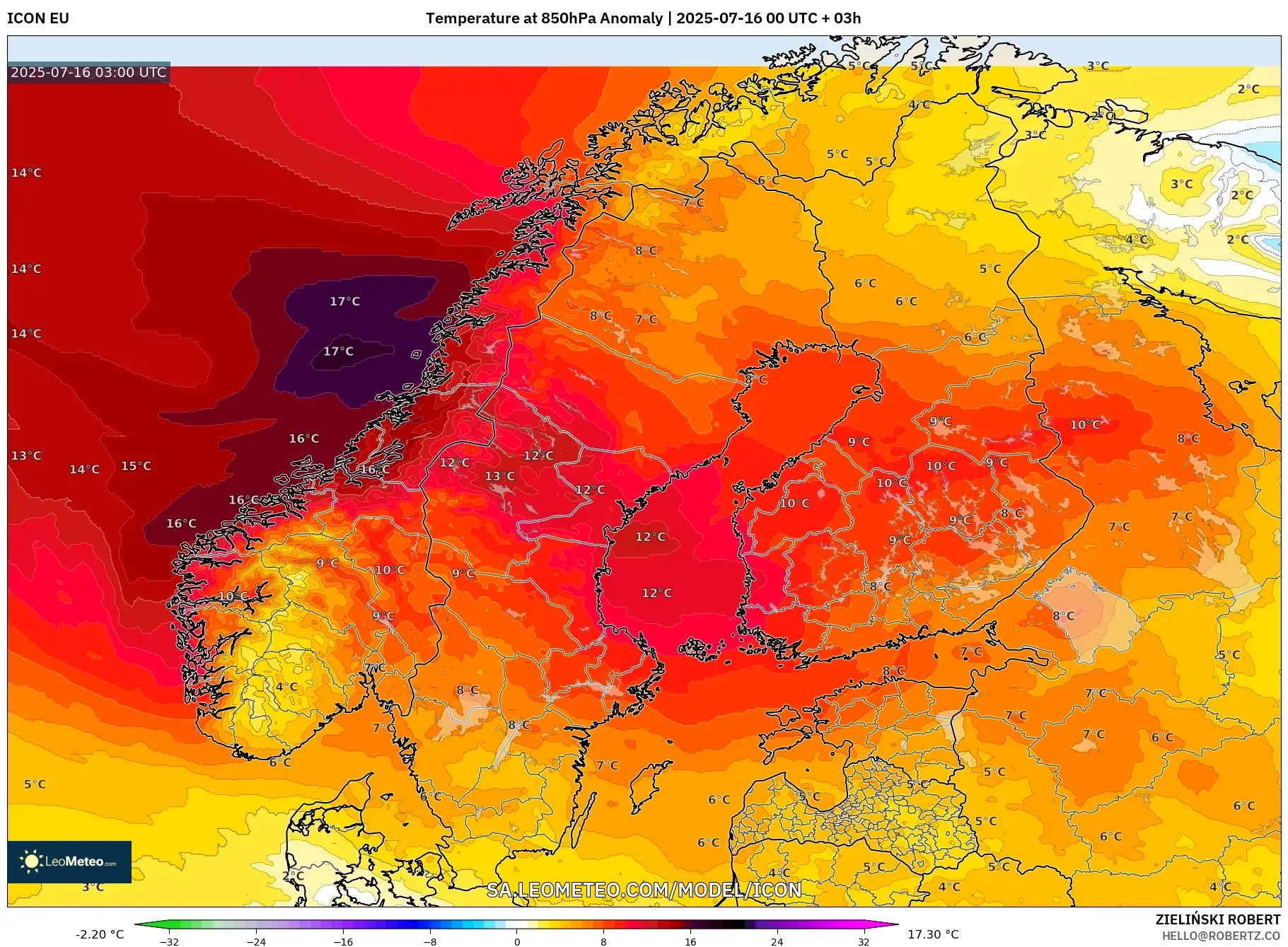 ICON model - Scandinavia, Temperature at 850hPa Anomaly ICON model - Scandinavia, Temperature at 850hPa Anomaly