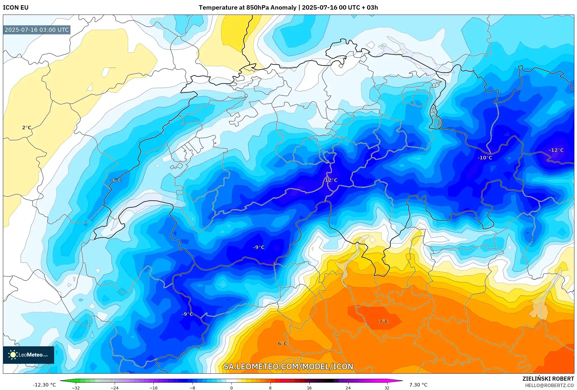 ICON model - Switzerland, Temperature at 850hPa Anomaly ICON model - Switzerland, Temperature at 850hPa Anomaly