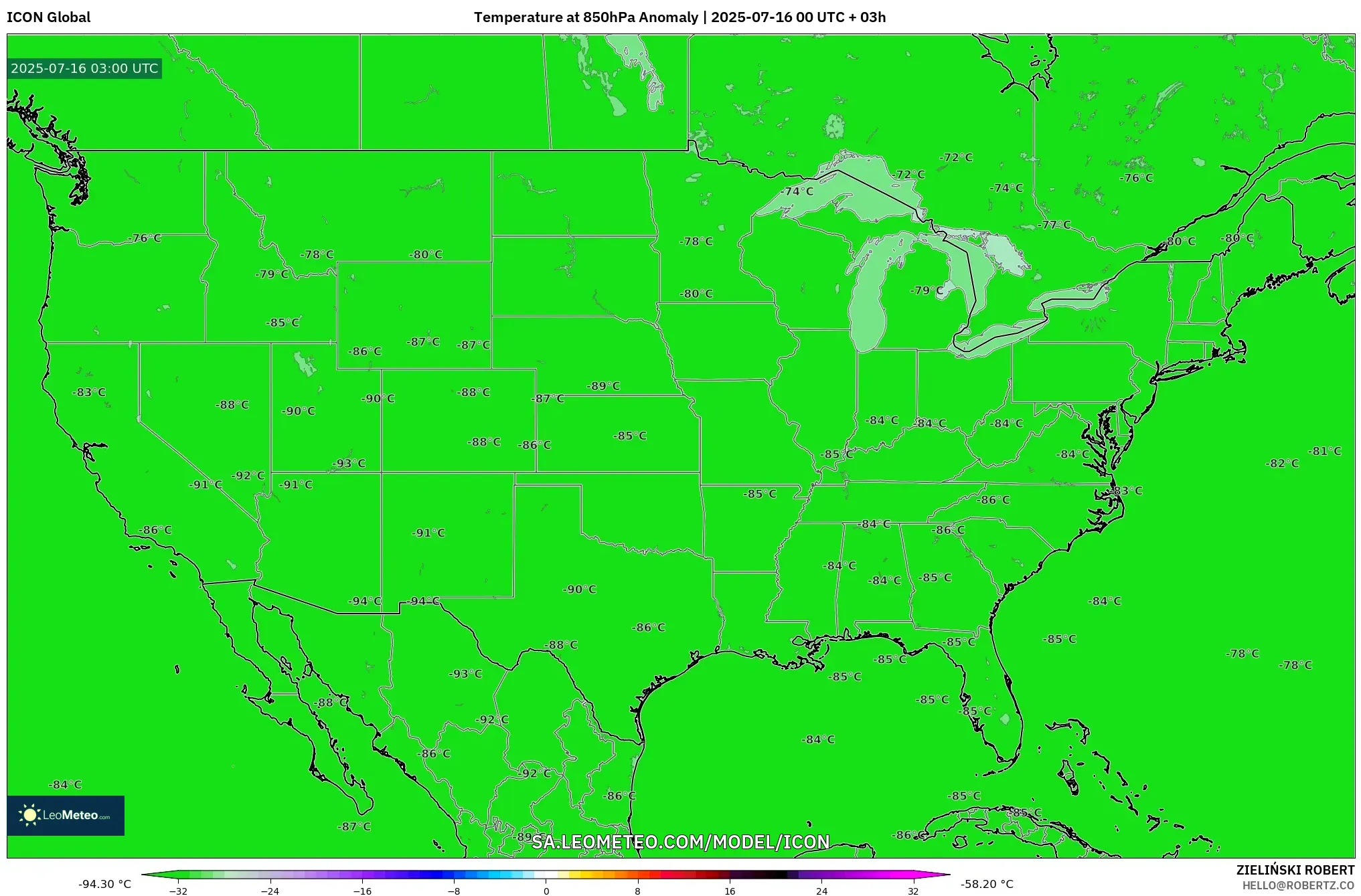 ICON model - United States, Temperature at 850hPa Anomaly ICON model - United States, Temperature at 850hPa Anomaly