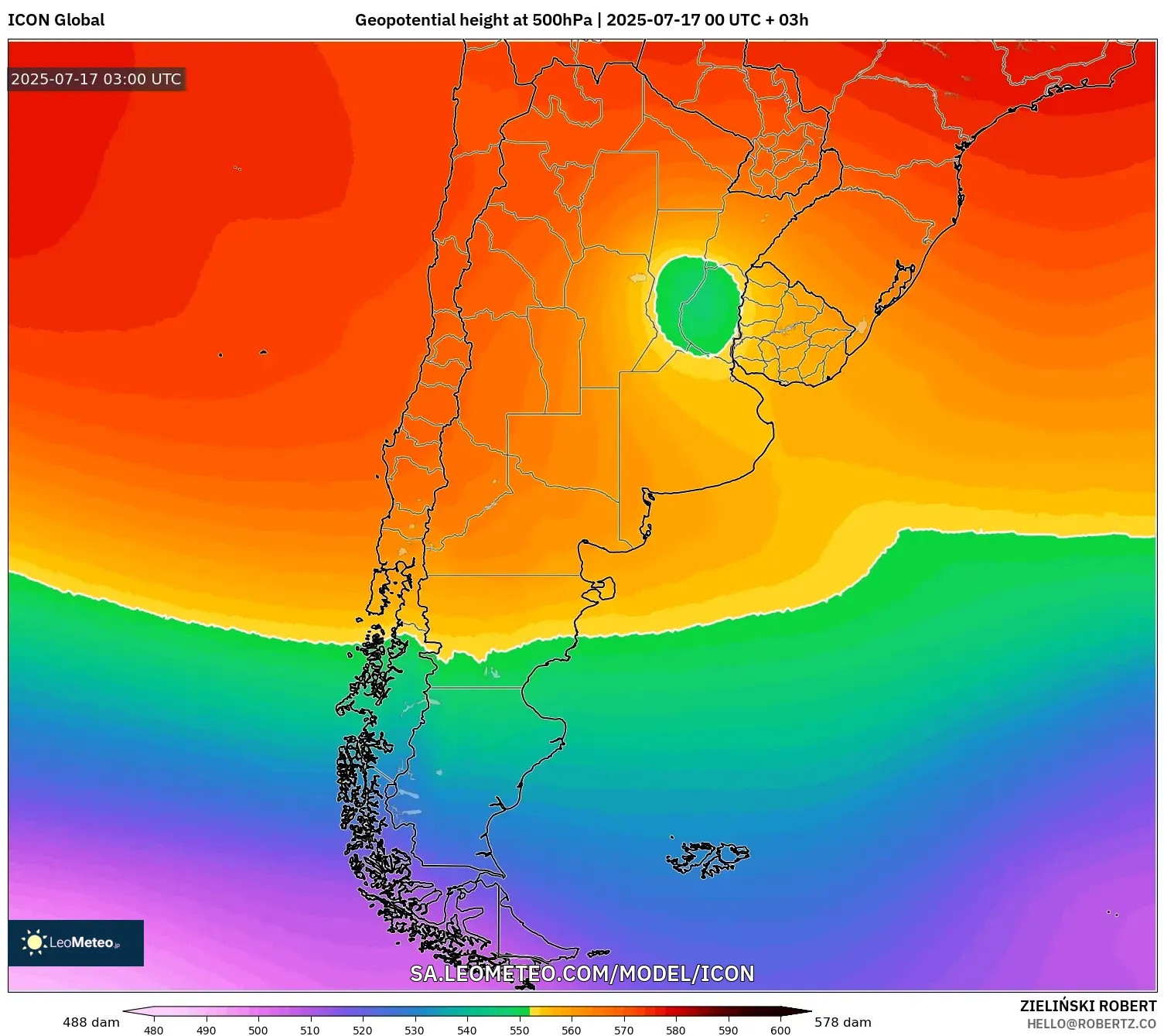 ICON model - Argentina, Geopotential height at 500hPa ICON model - Argentina, Geopotential height at 500hPa