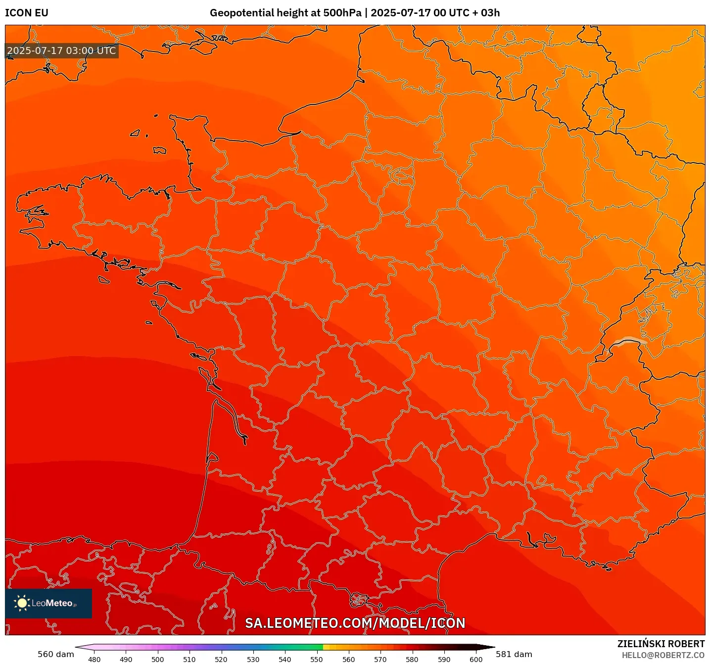 ICON model - France, Geopotential height at 500hPa ICON model - France, Geopotential height at 500hPa