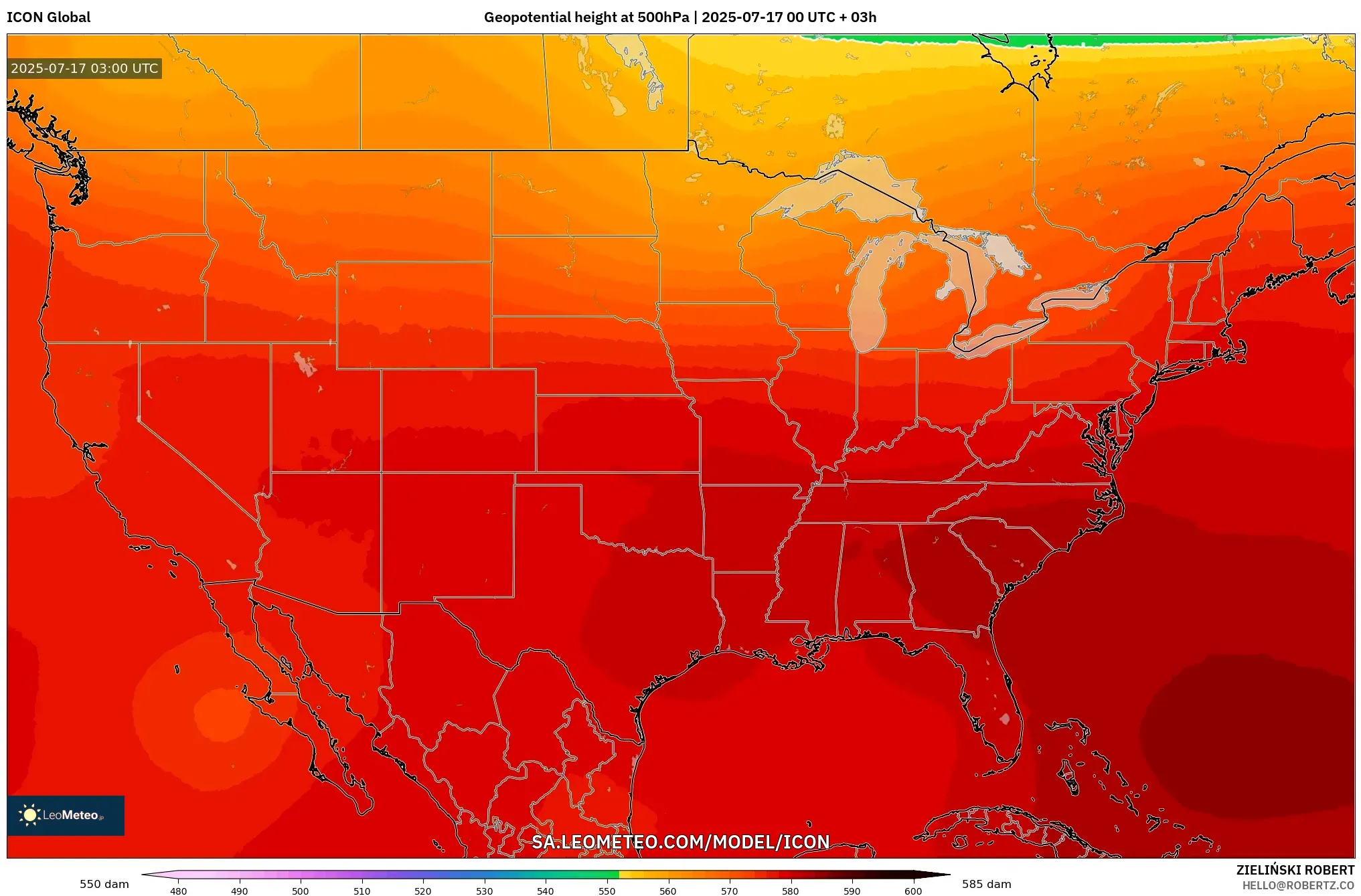 ICON model - United States, Geopotential height at 500hPa ICON model - United States, Geopotential height at 500hPa