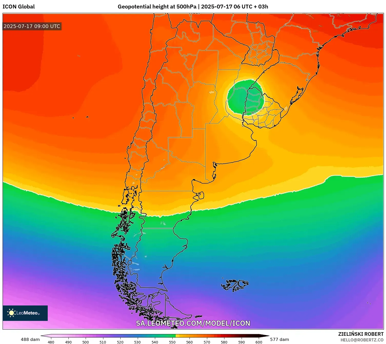 ICON model - Argentina, Geopotential height at 500hPa ICON model - Argentina, Geopotential height at 500hPa