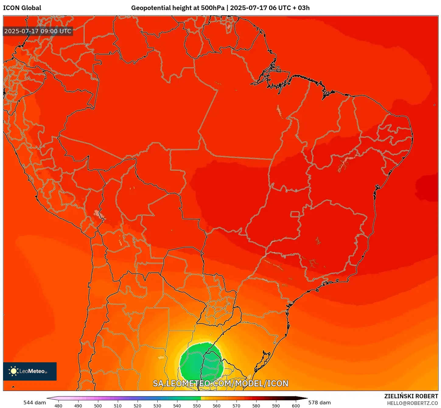ICON model - Brazil, Geopotential height at 500hPa