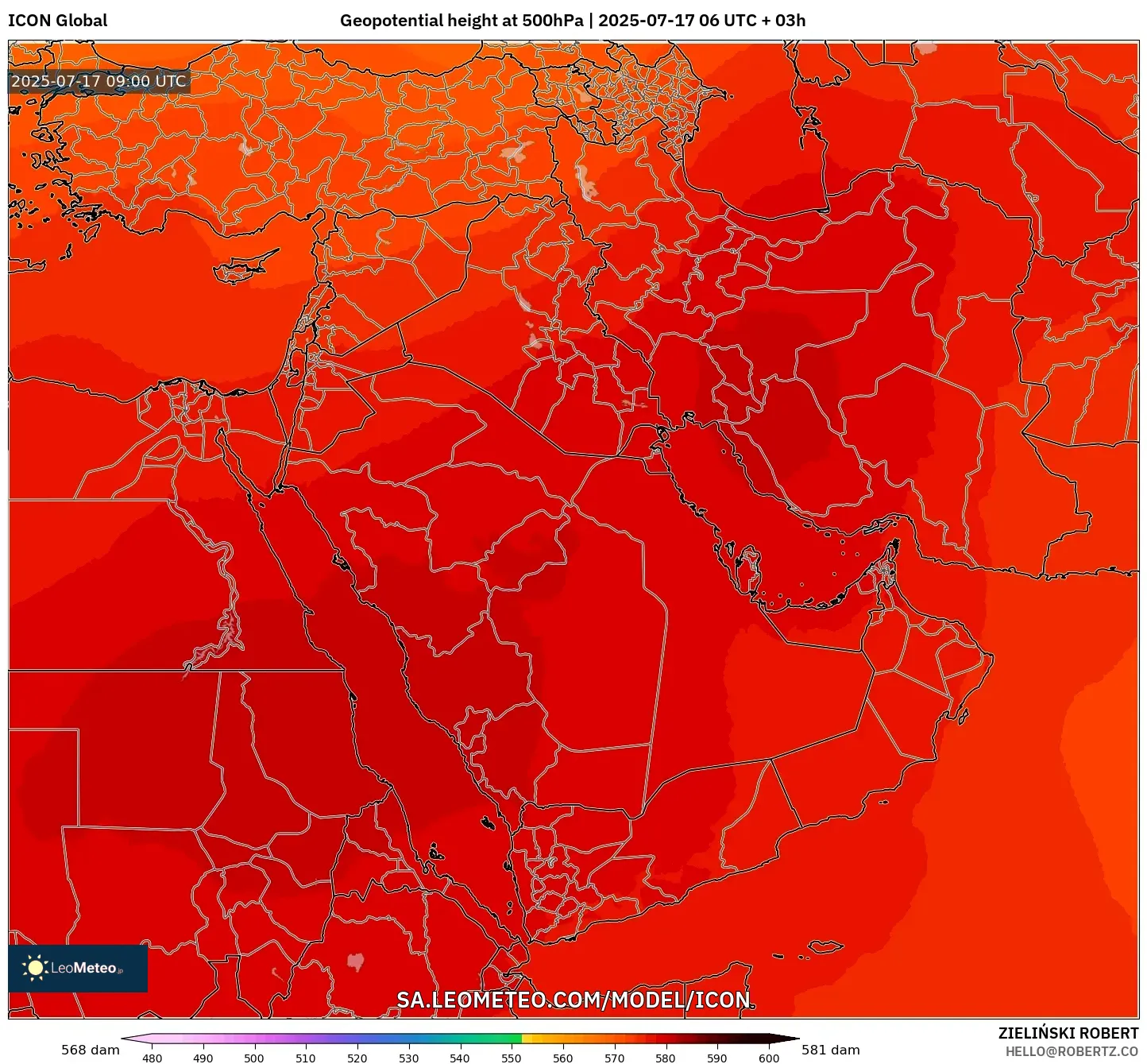 ICON model - Middle East, Geopotential height at 500hPa