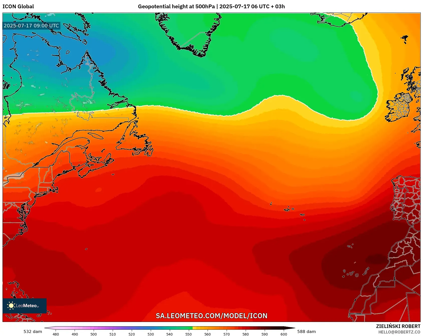 ICON model - North Atlantic, Geopotential height at 500hPa ICON model - North Atlantic, Geopotential height at 500hPa