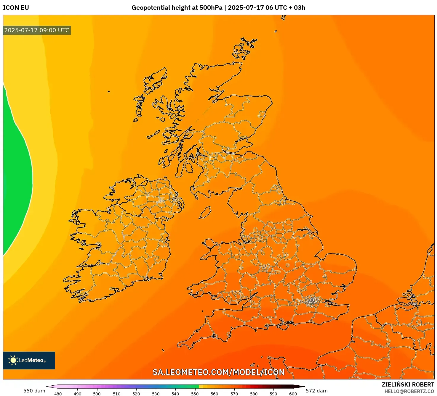 ICON model - United Kingdom, Geopotential height at 500hPa