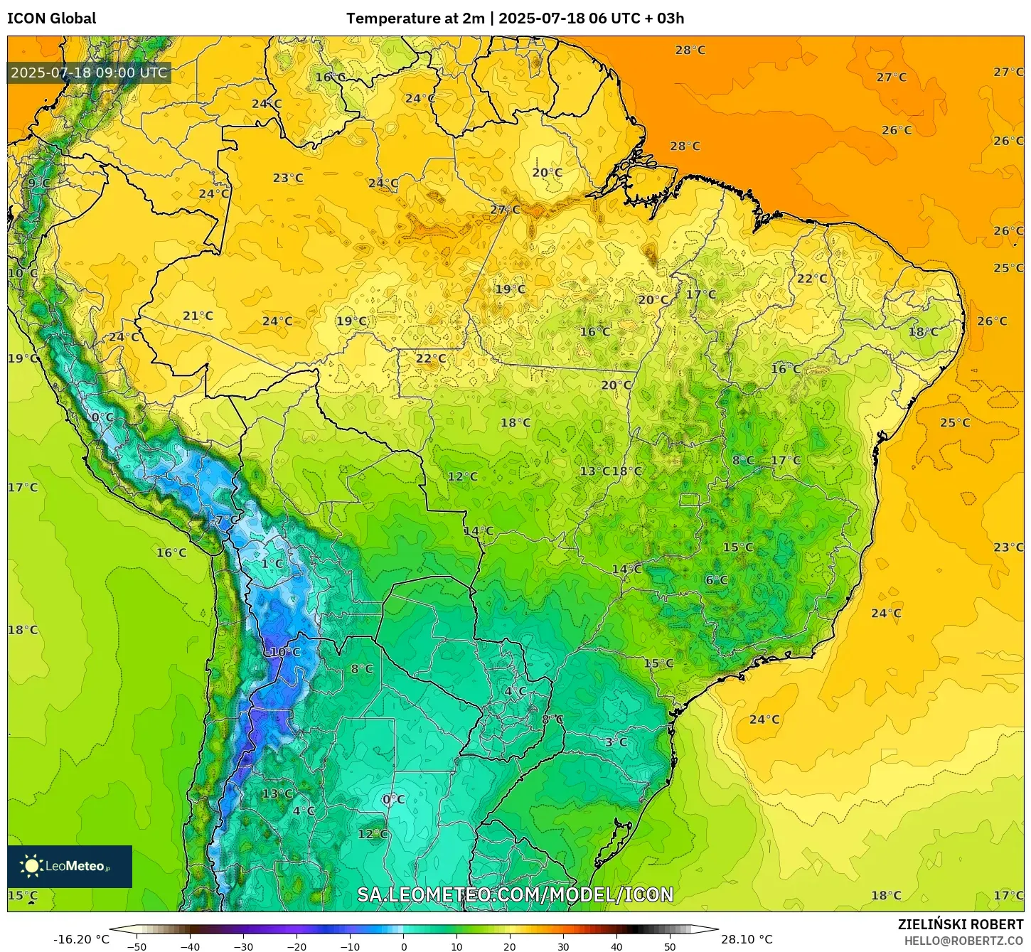 ICON model - Brazil, Temperature at 2m